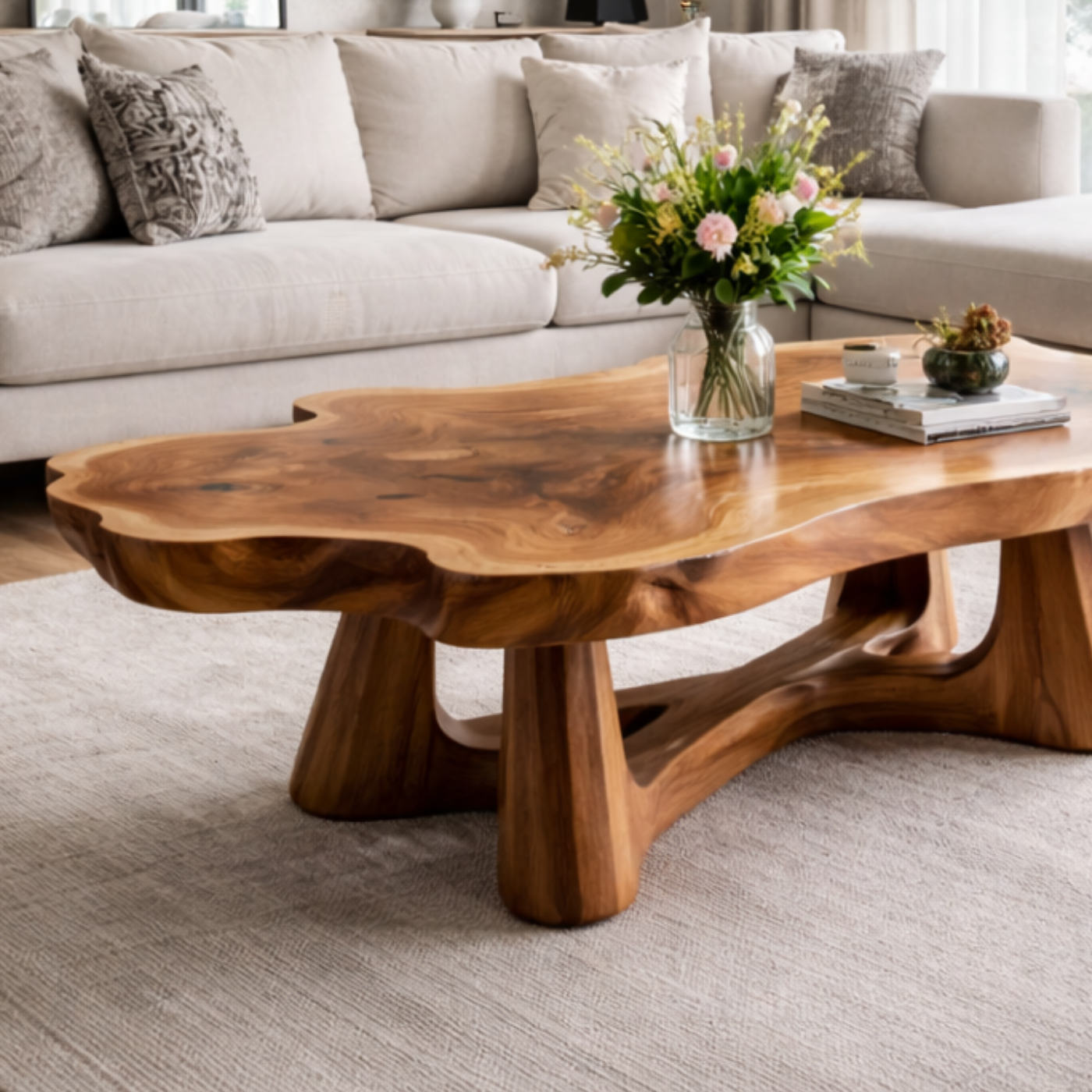 Solid Wood Live Edge Coffee Table with Sculptural Base and Organic Curved Design