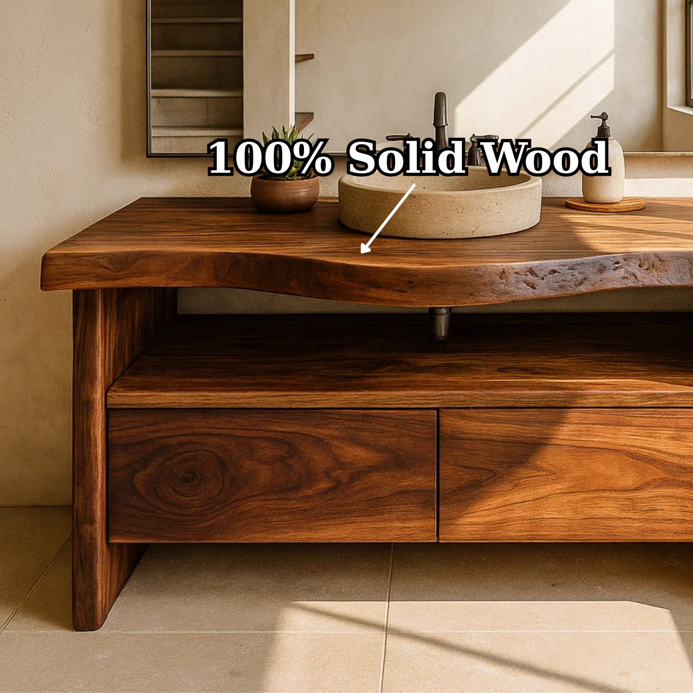 Handcrafted Solid Wood Bathroom Vanity with Live-Edge Walnut Top and Modern Storage Drawers Kitchnce
