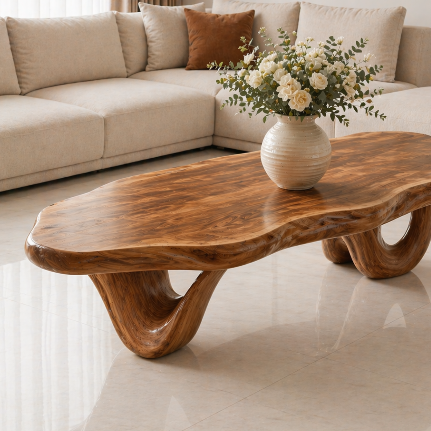Solid Wood Coffee Table with Live Edge Top and Sculptural Loop Base