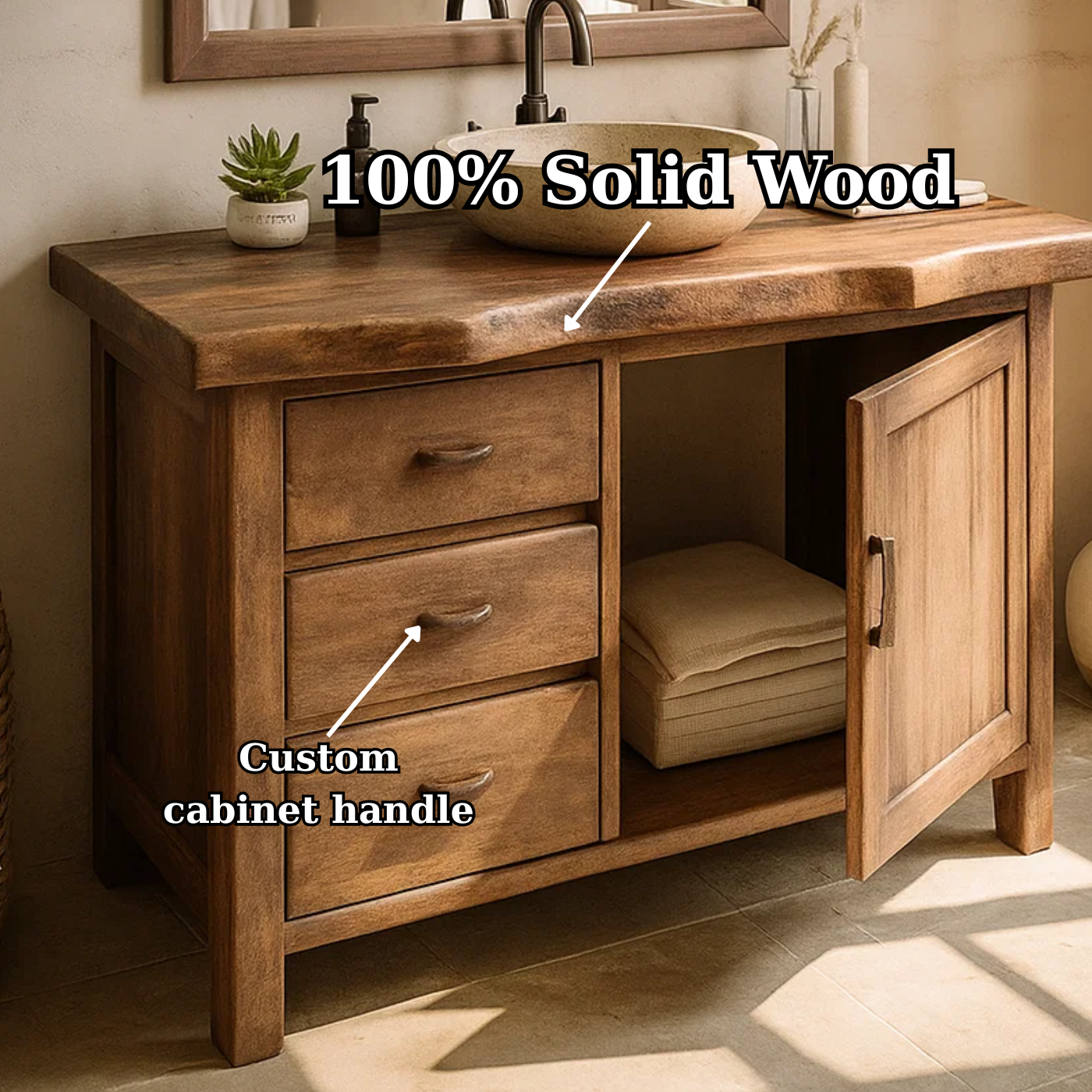 Handcrafted Solid Wood Bathroom Vanity with Live-Edge Top and Storage Drawers Kitchnce