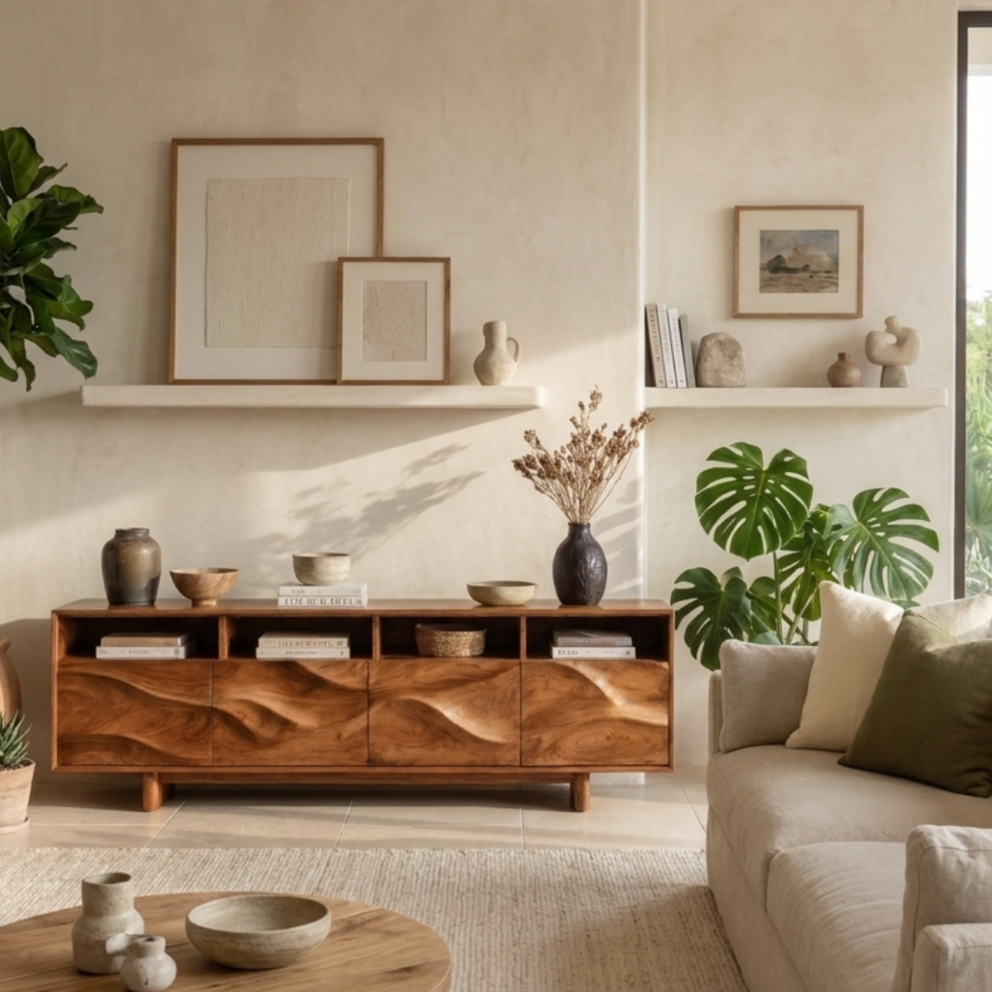 Solid Wood TV Stand with Wave Carved Doors and Open Storage in Walnut Finish