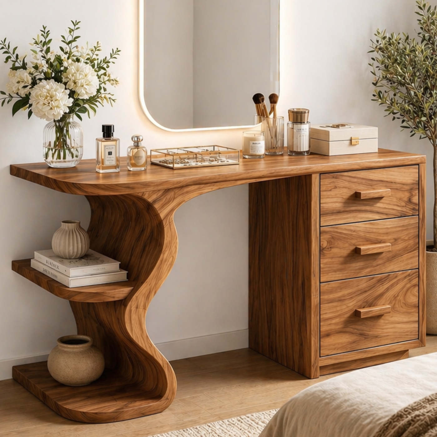 Solid Wood Makeup Vanity Desk with Sculptural Curved Base and 3 Drawers