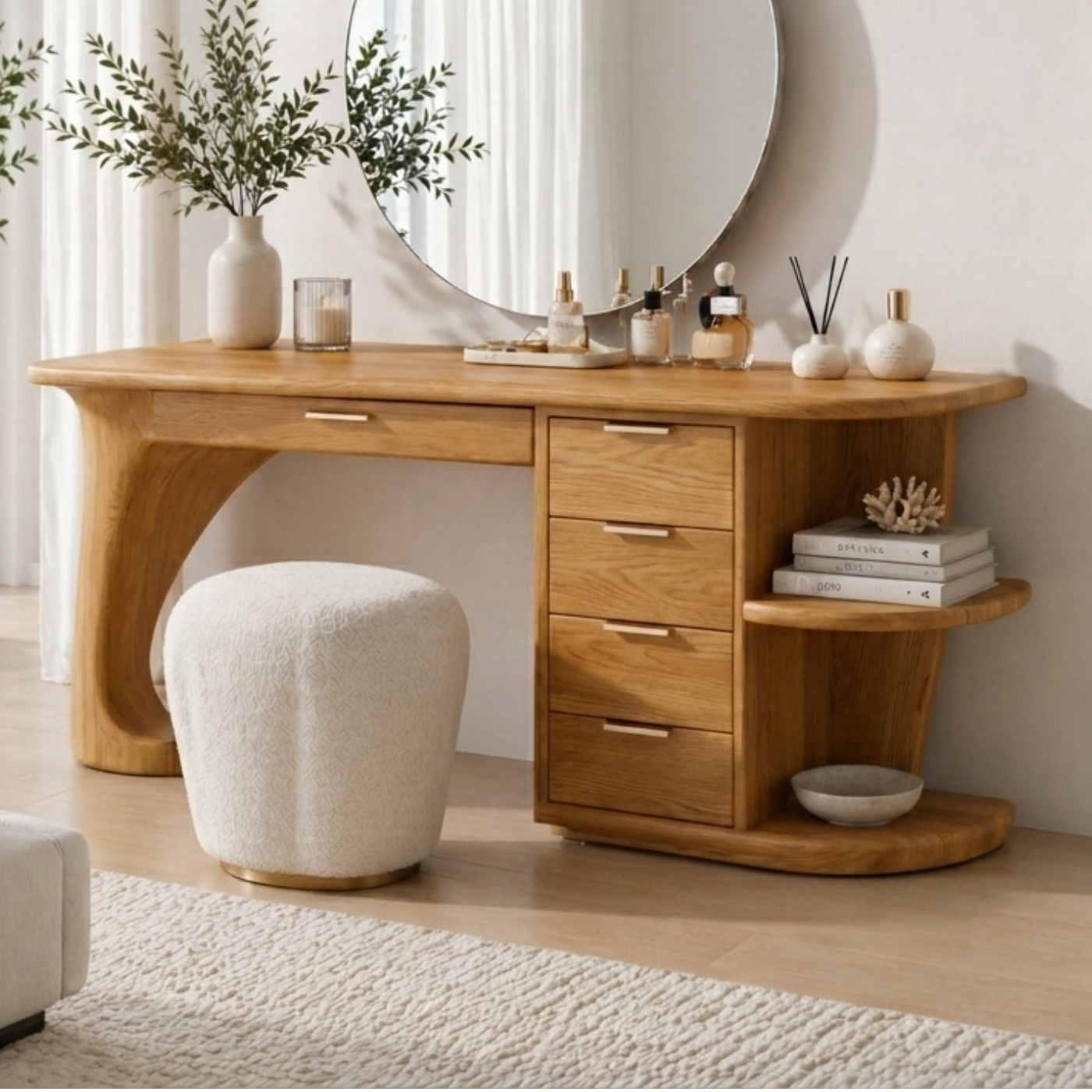 Solid Wood Makeup Vanity Desk with Curved Base and Multi Drawer Storage