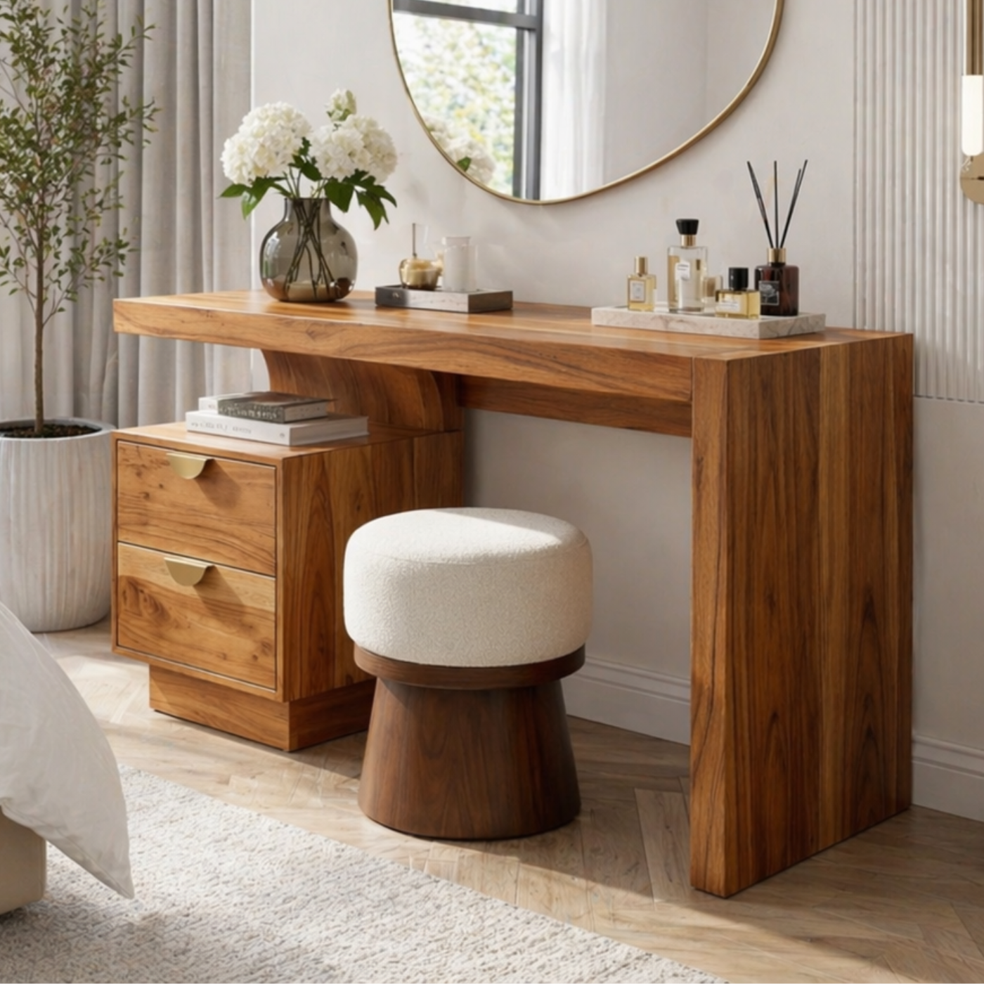 Solid Wood Makeup Vanity Desk with Thick Slab Design and Storage Drawers