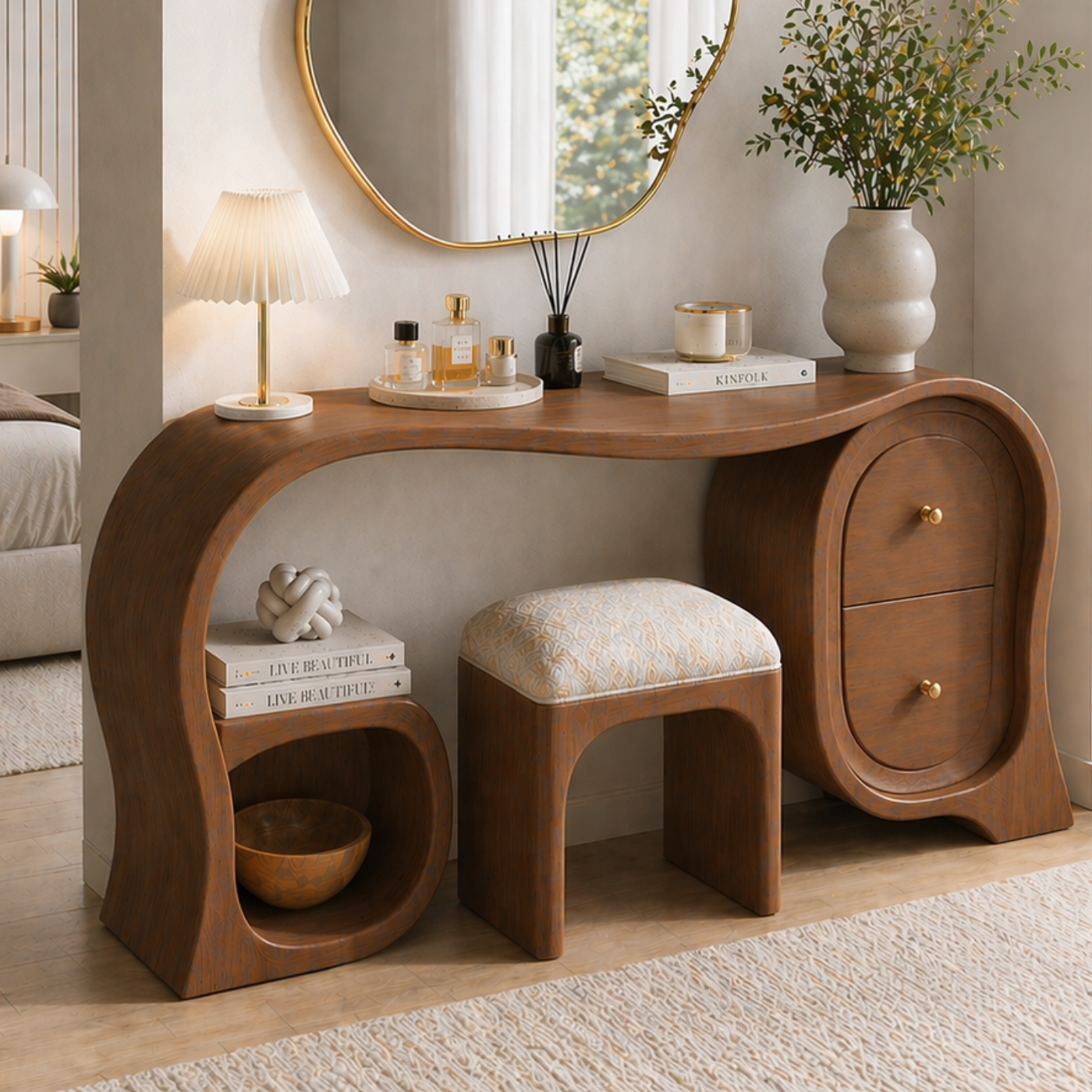 Solid Wood Makeup Vanity Desk with Sculptural Arch Design and Drawer Storage