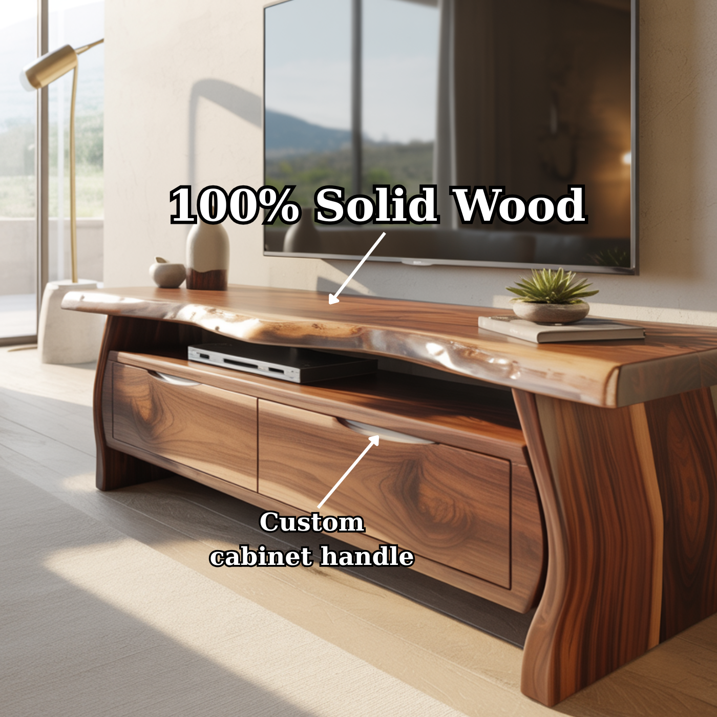 Handcrafted Live-Edge Solid Wood TV Stand with Sculpted Curved Base Kitchnce