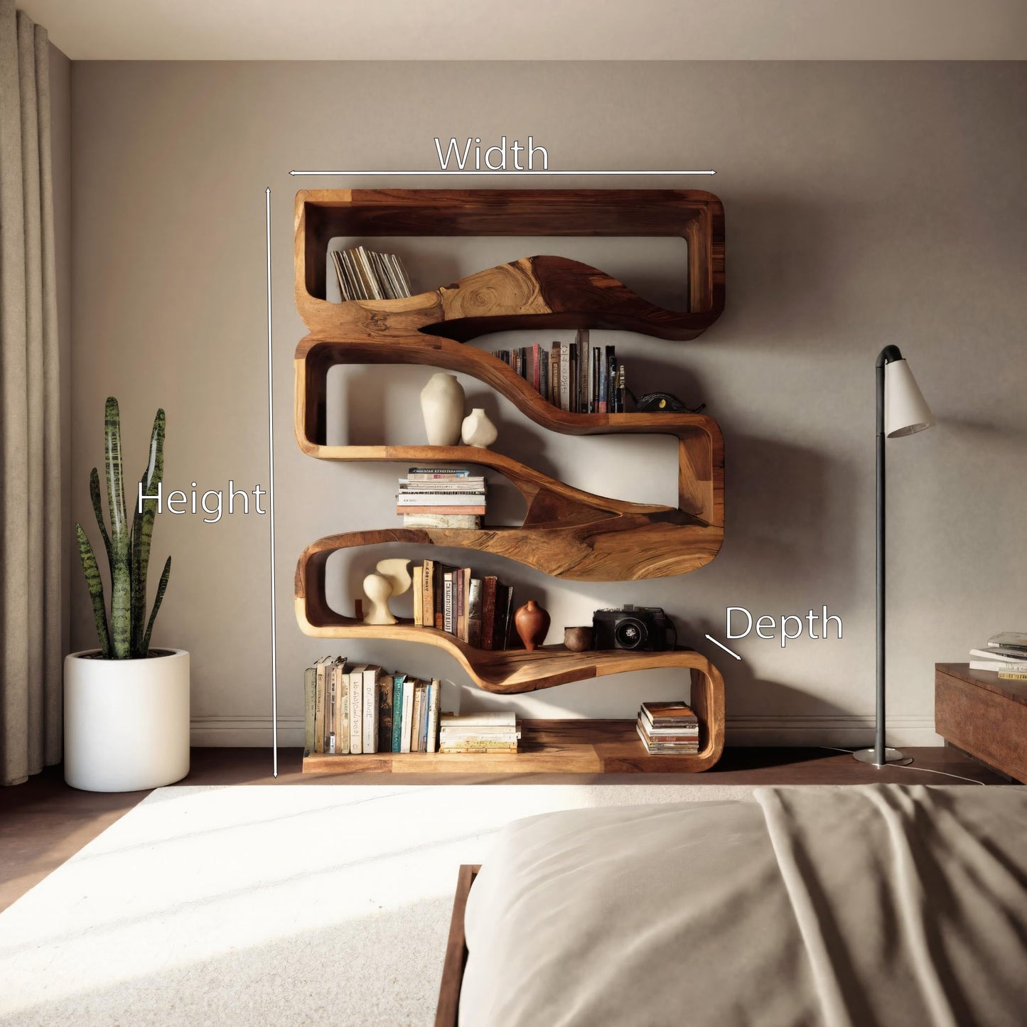 Modern Curved Bookshelf With Flowing Design For Bedroom Kitchnce