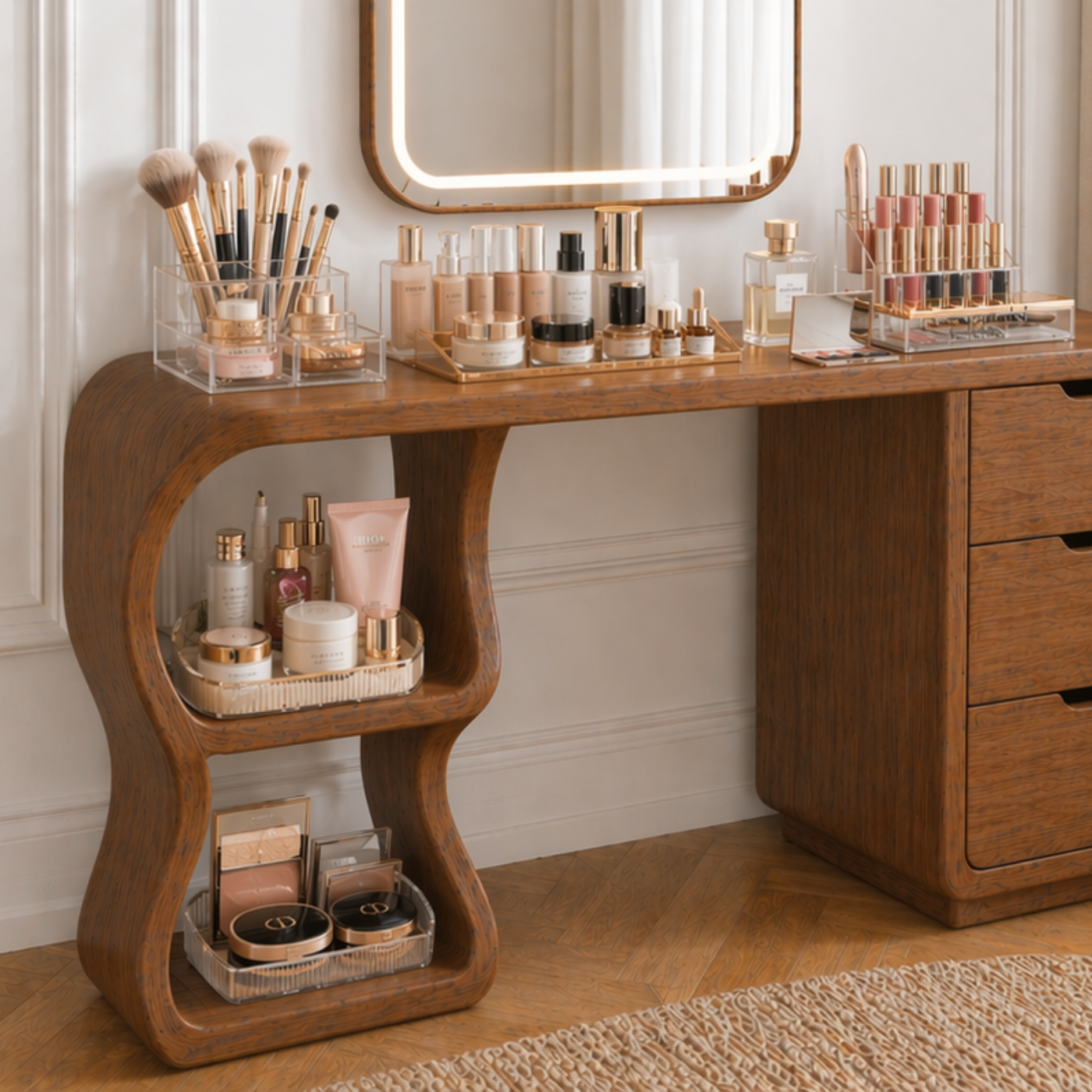 Solid Wood Makeup Vanity Desk with Sculptural Curved Base and 3 Drawers