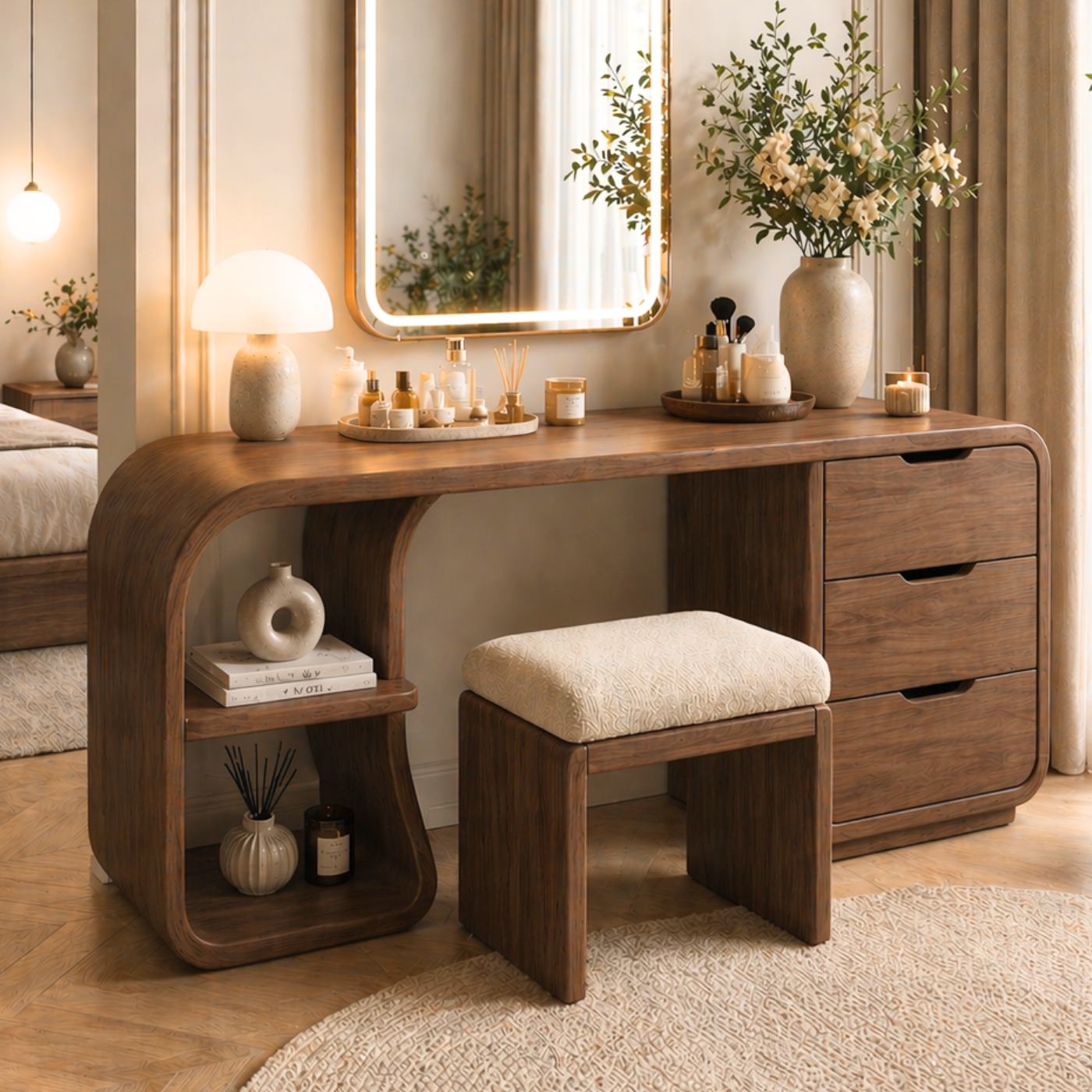 Solid Wood Makeup Vanity Desk with Rounded Waterfall Design and Drawers