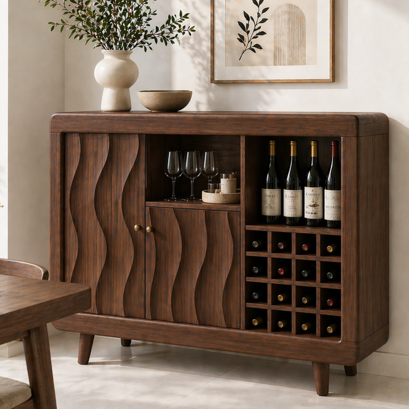 Solid Wood Wine Cabinet with Wave Carved Doors and Built-in Bottle Storage