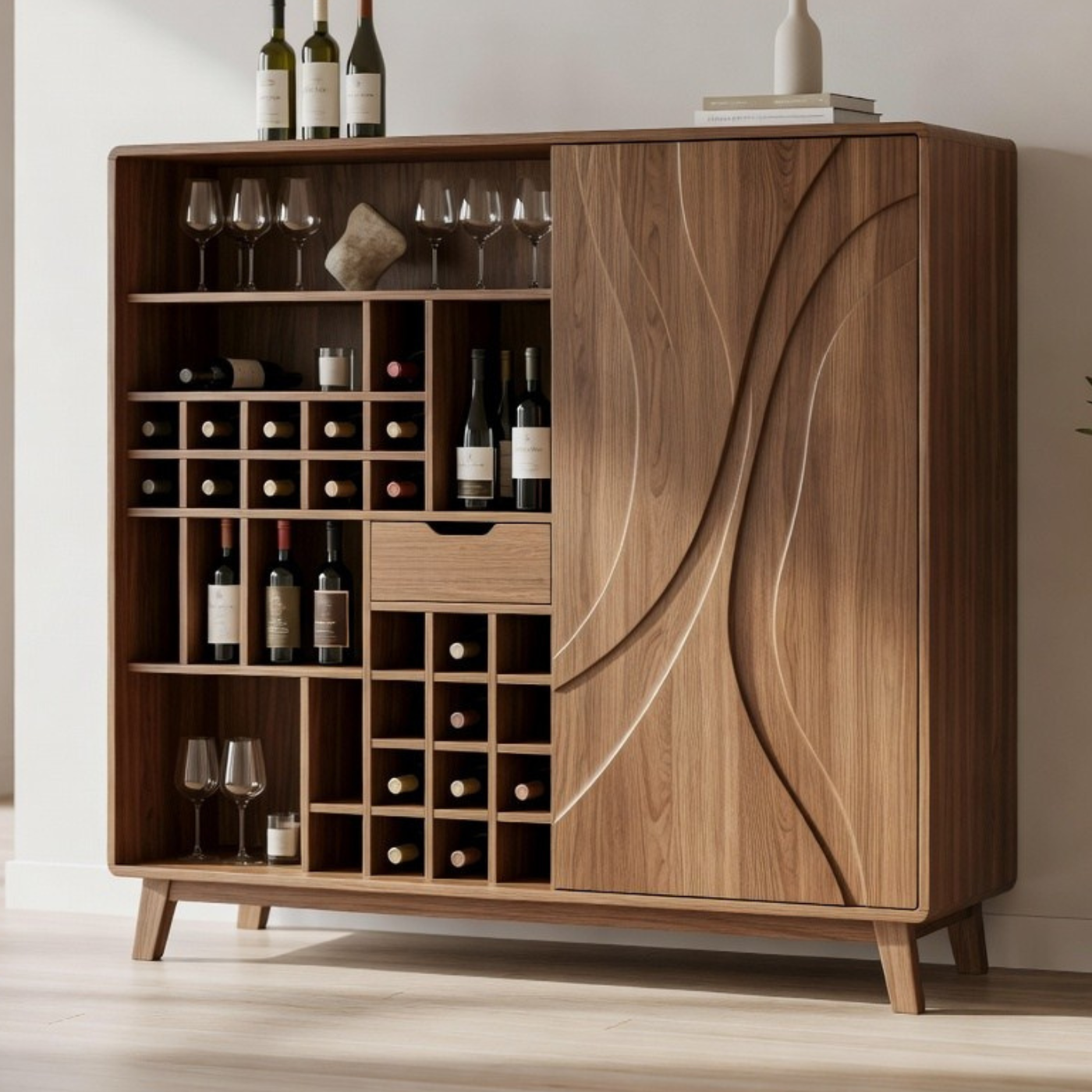 Solid Wood Wine Cabinet with Curved Carved Door and Multi Bottle Storage