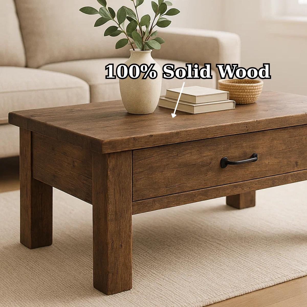 Handcrafted Solid Wood Coffee Table – Rustic Modern Storage with Single Drawer Kitchnce