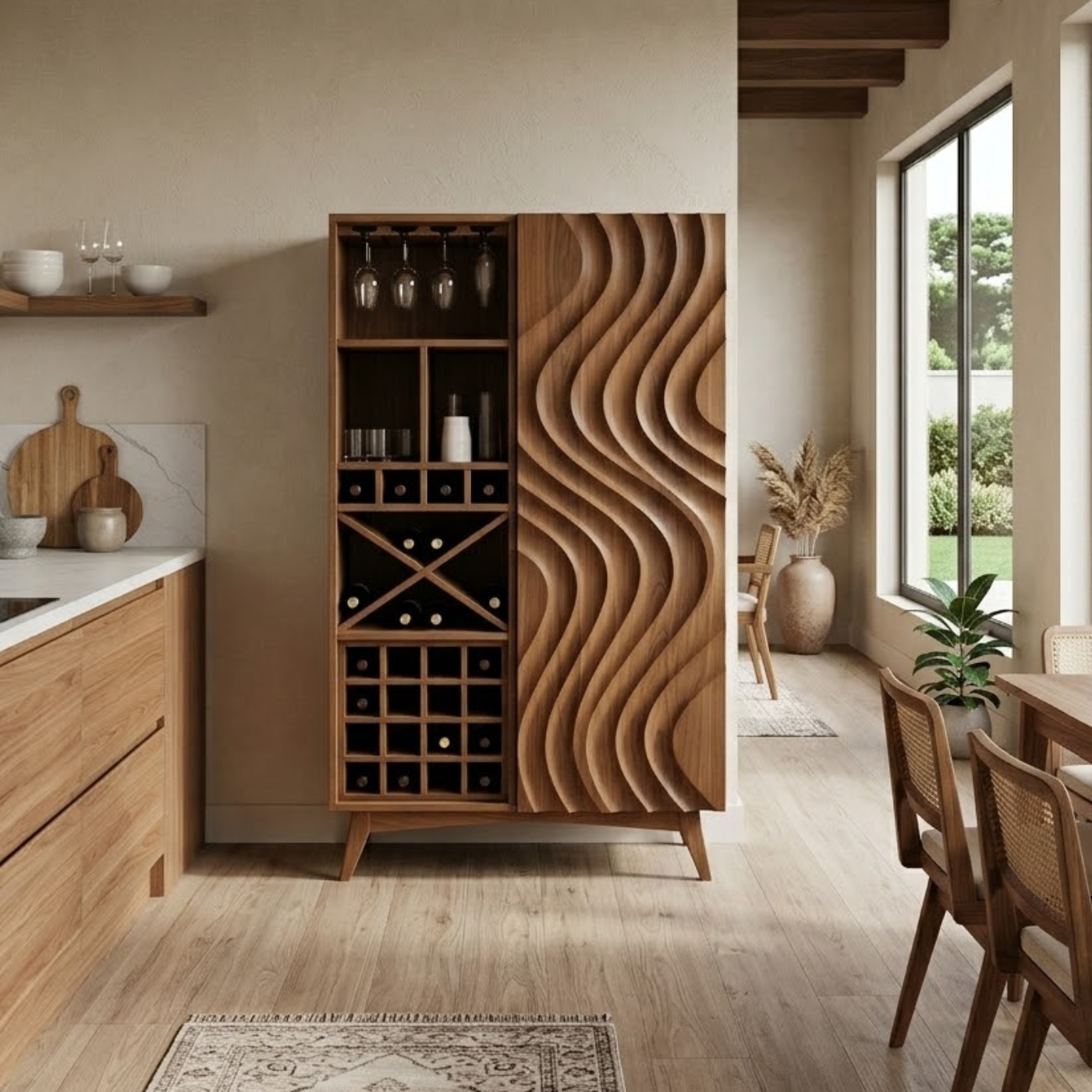 Solid Wood Wine Cabinet with Wave Carved Door and Bottle Storage Rack