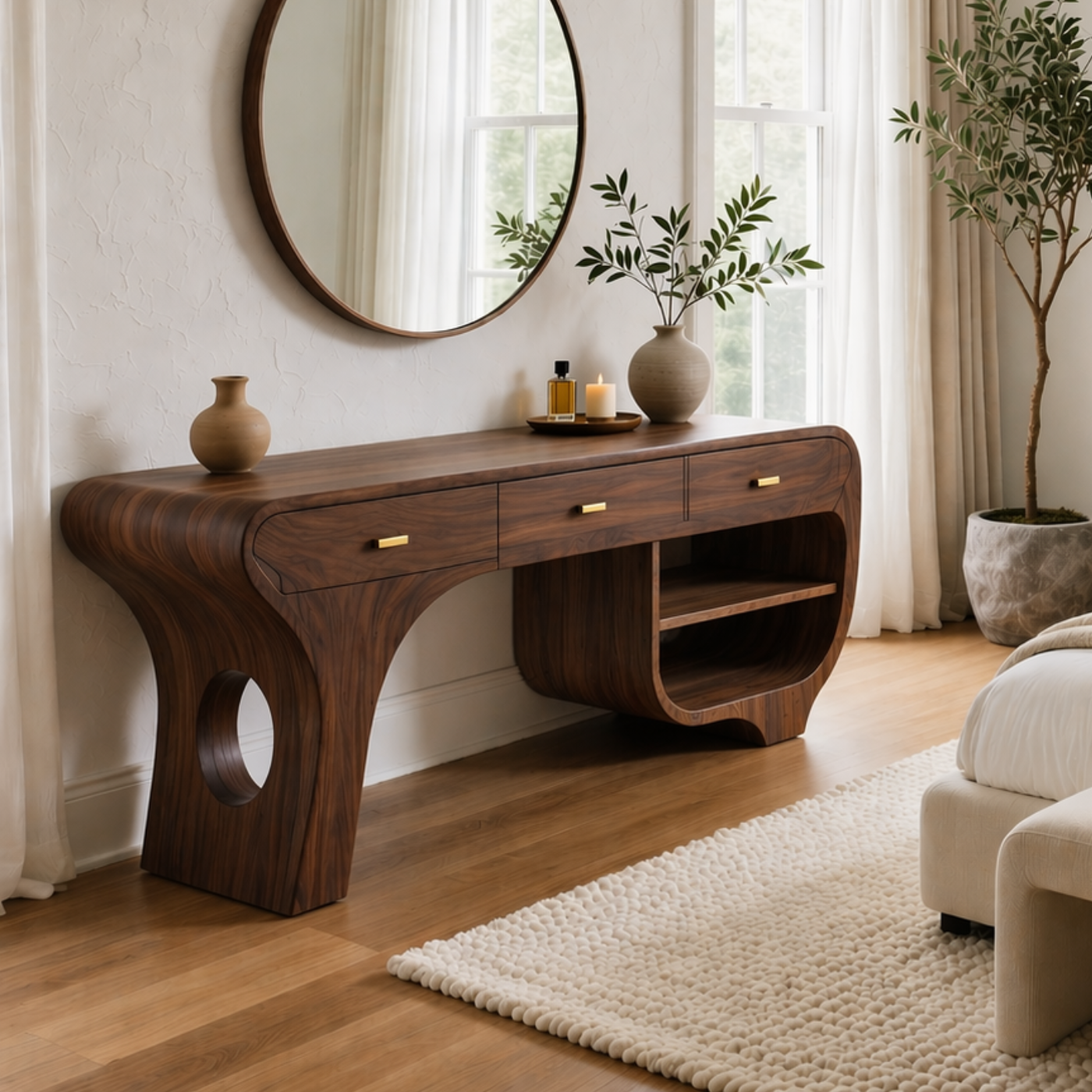 Solid Wood Makeup Vanity Desk with Sculptural Curved Design and Drawers