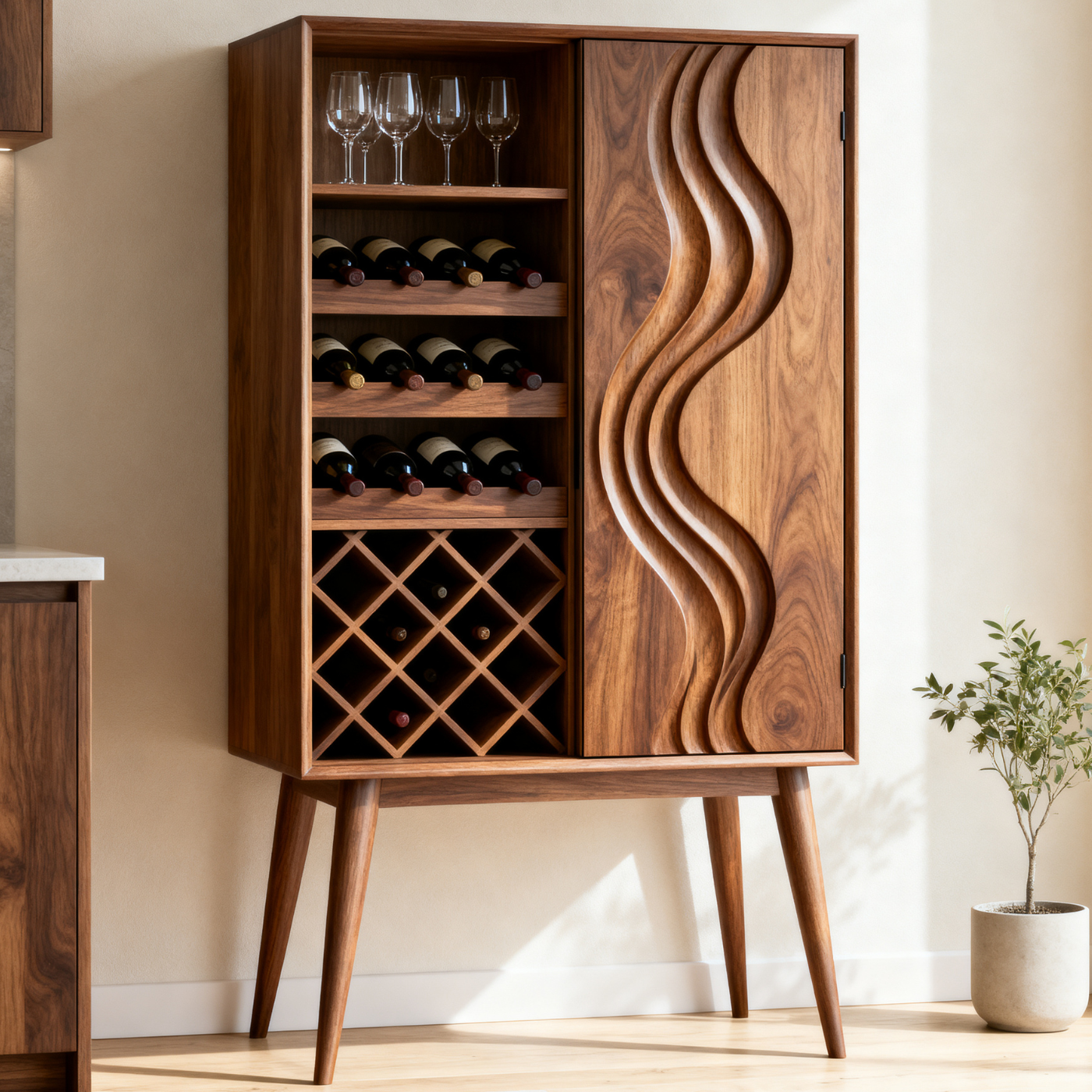 Solid Wood Wine Cabinet with Wave Carved Door and Bottle Storage Rack