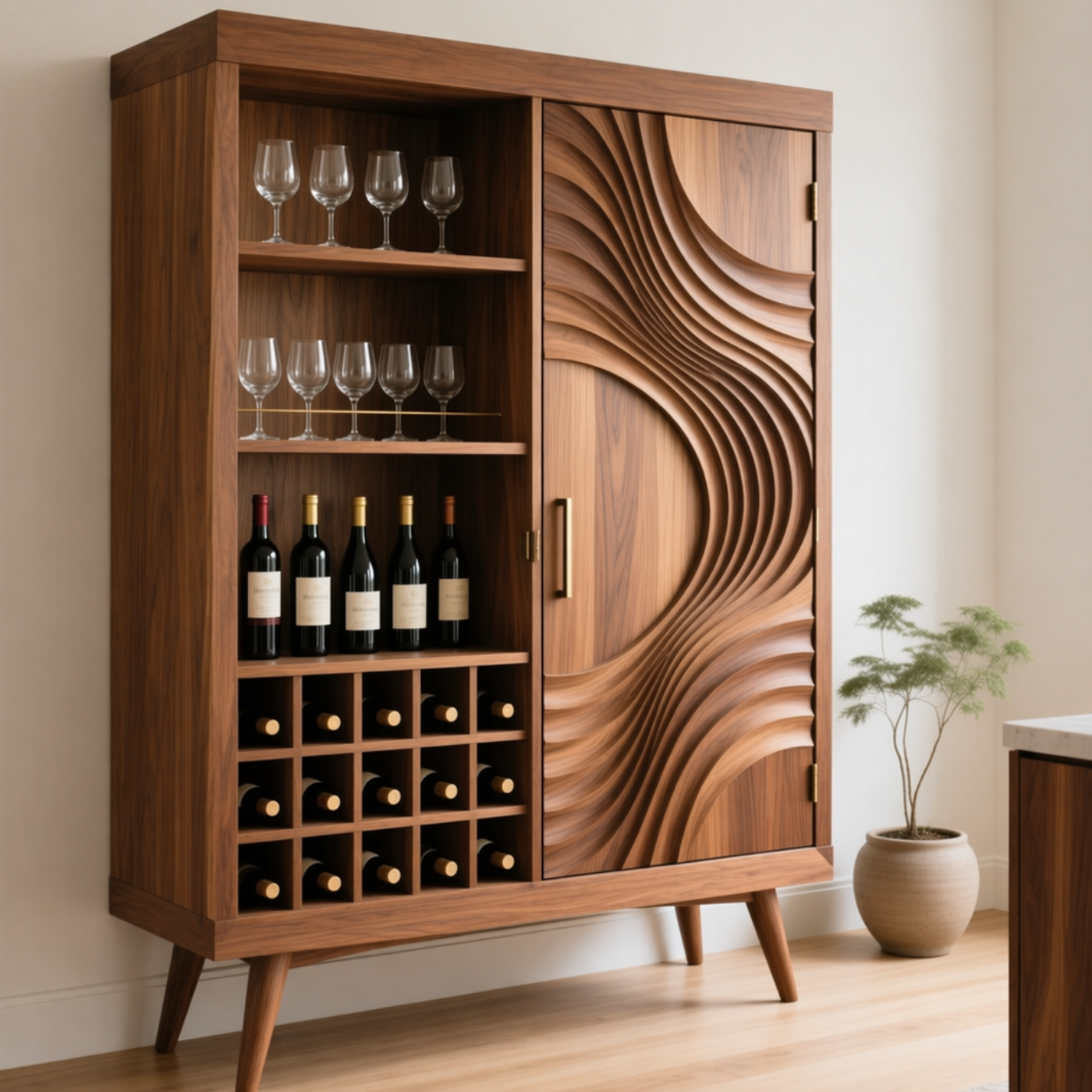 Solid Wood Wine Cabinet with Sculpted Wave Doors and Bottle Storage
