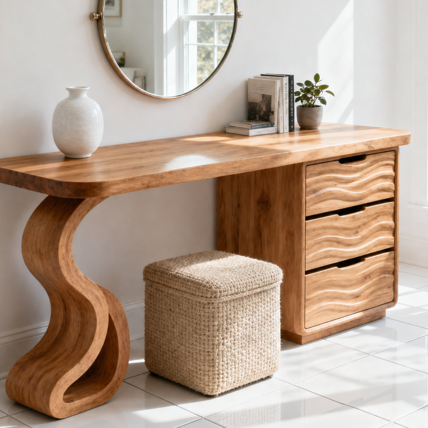 Solid Wood Makeup Vanity Desk with Wave Drawers and Sculptural Curved Base