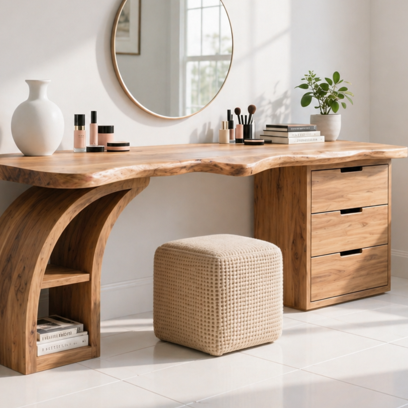 Solid Wood Makeup Vanity Desk with Live Edge Top and Curved Sculptural Base