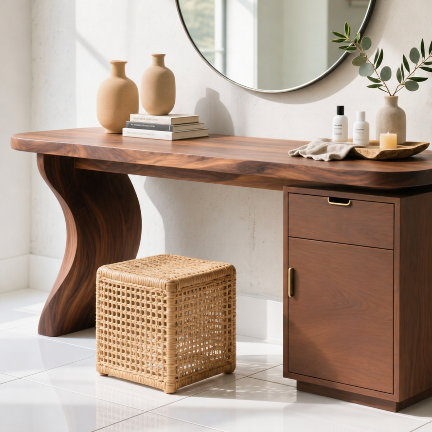 Solid Wood Makeup Vanity with Curved Base and Drawer Cabinet Storage