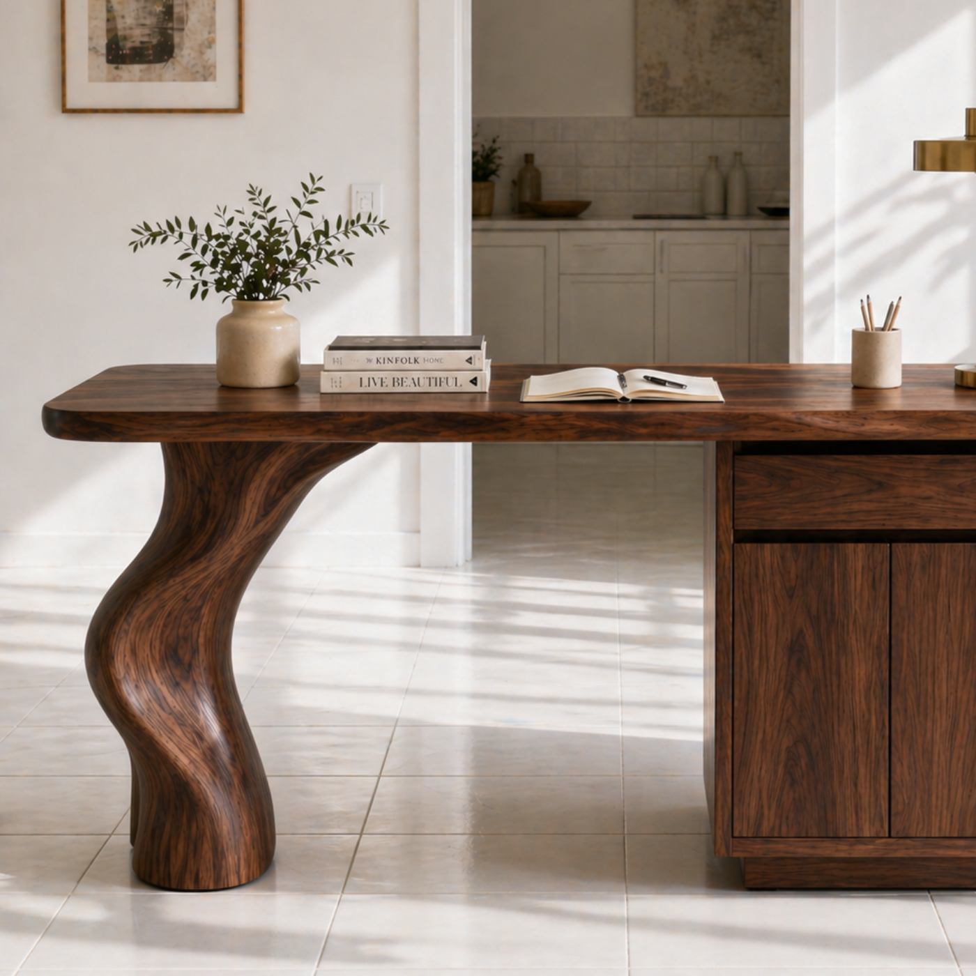 Solid Wood Writing Desk with Sculptural Curved Leg and Storage Cabinet