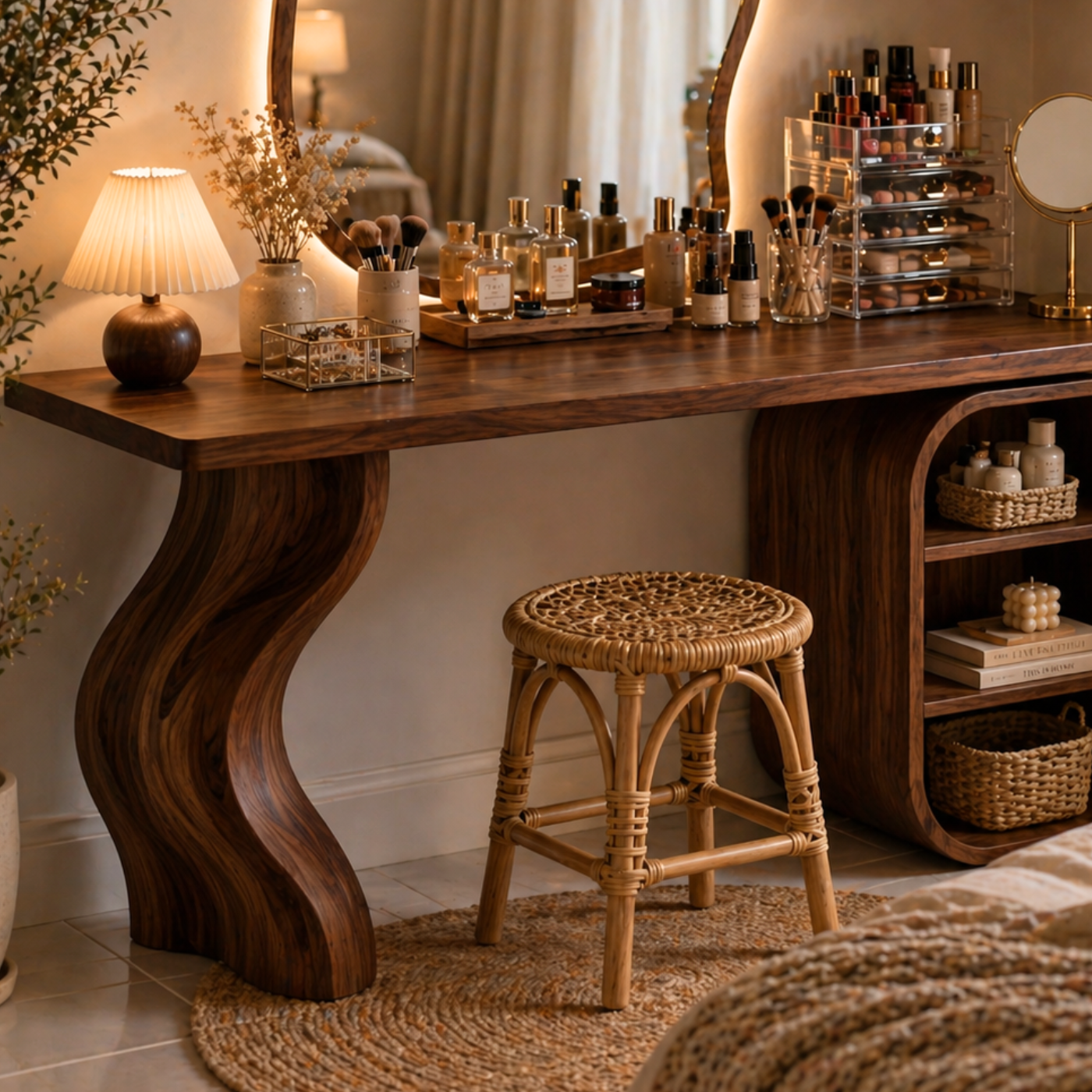 Solid Wood Makeup Vanity with Curved Leg and Open Shelf Storage