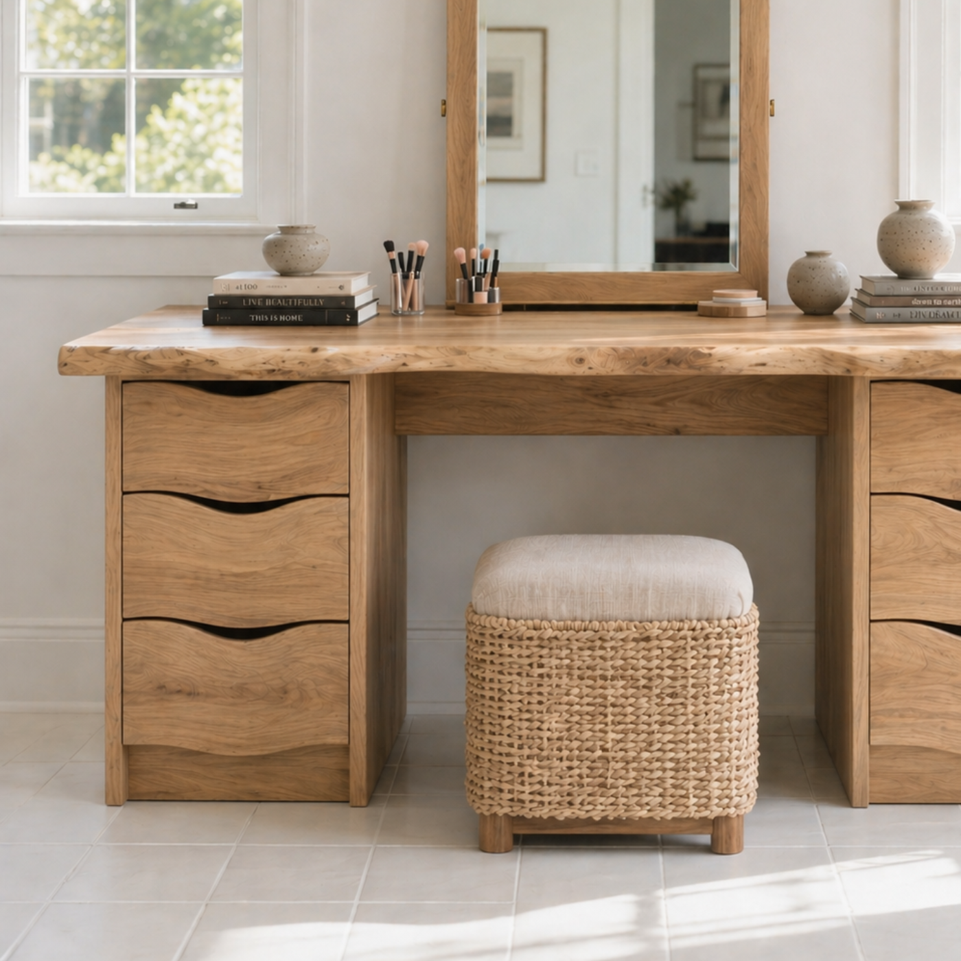 Large Solid Wood Makeup Vanity Desk with Double Drawer Storage and Live Edge Top