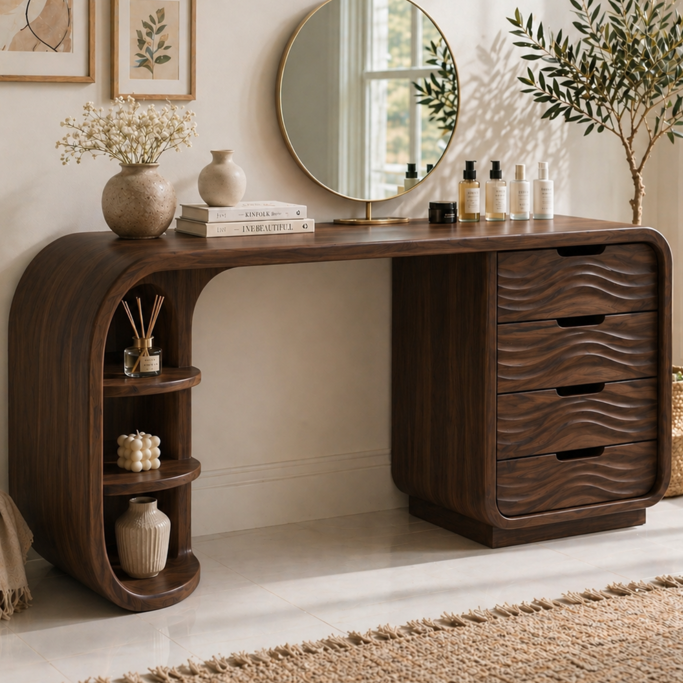 Solid Wood Makeup Vanity Desk with Curved Shelf Base and Wave Drawer Storage
