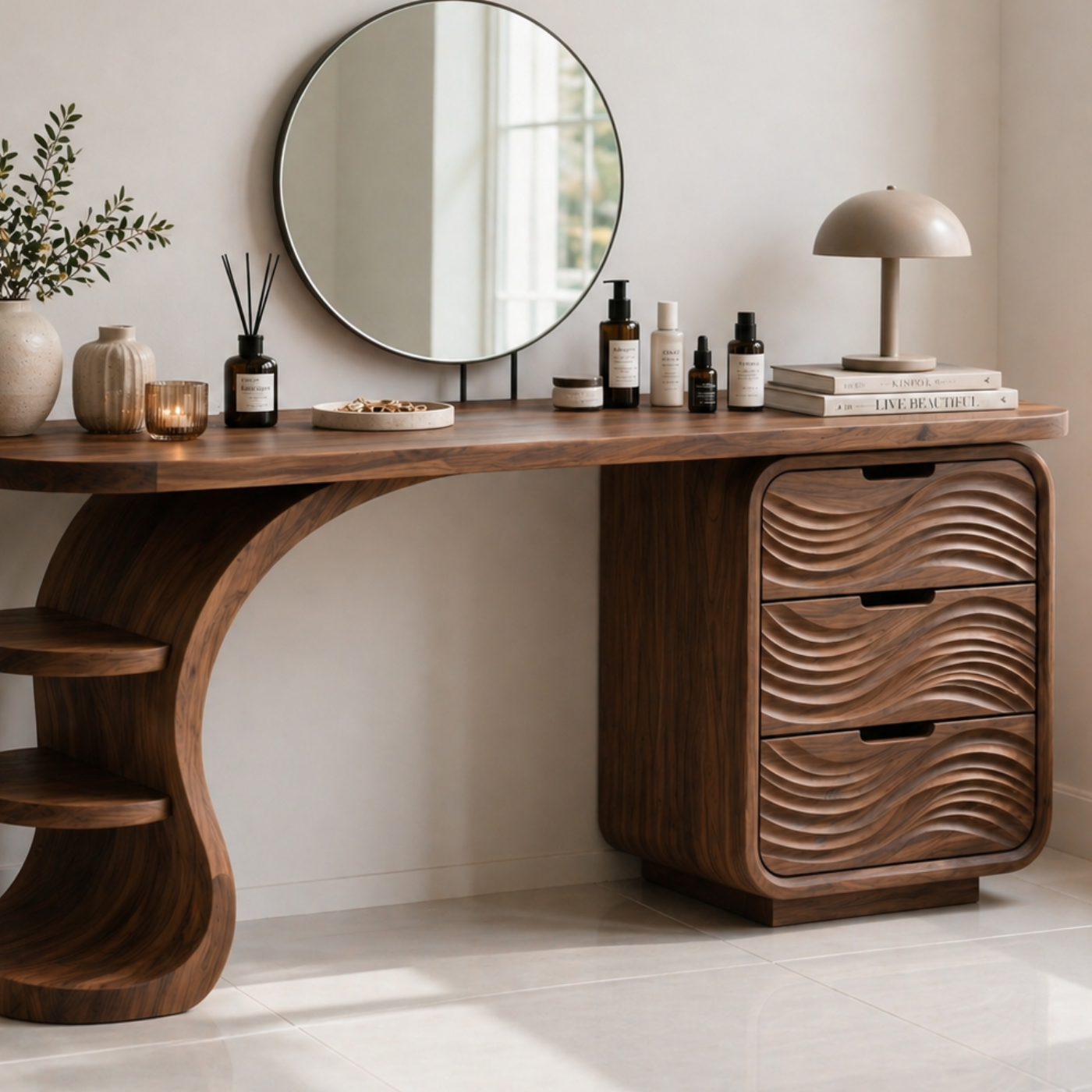 Solid Wood Makeup Vanity Desk with Wave Drawers and Curved Sculptural Base