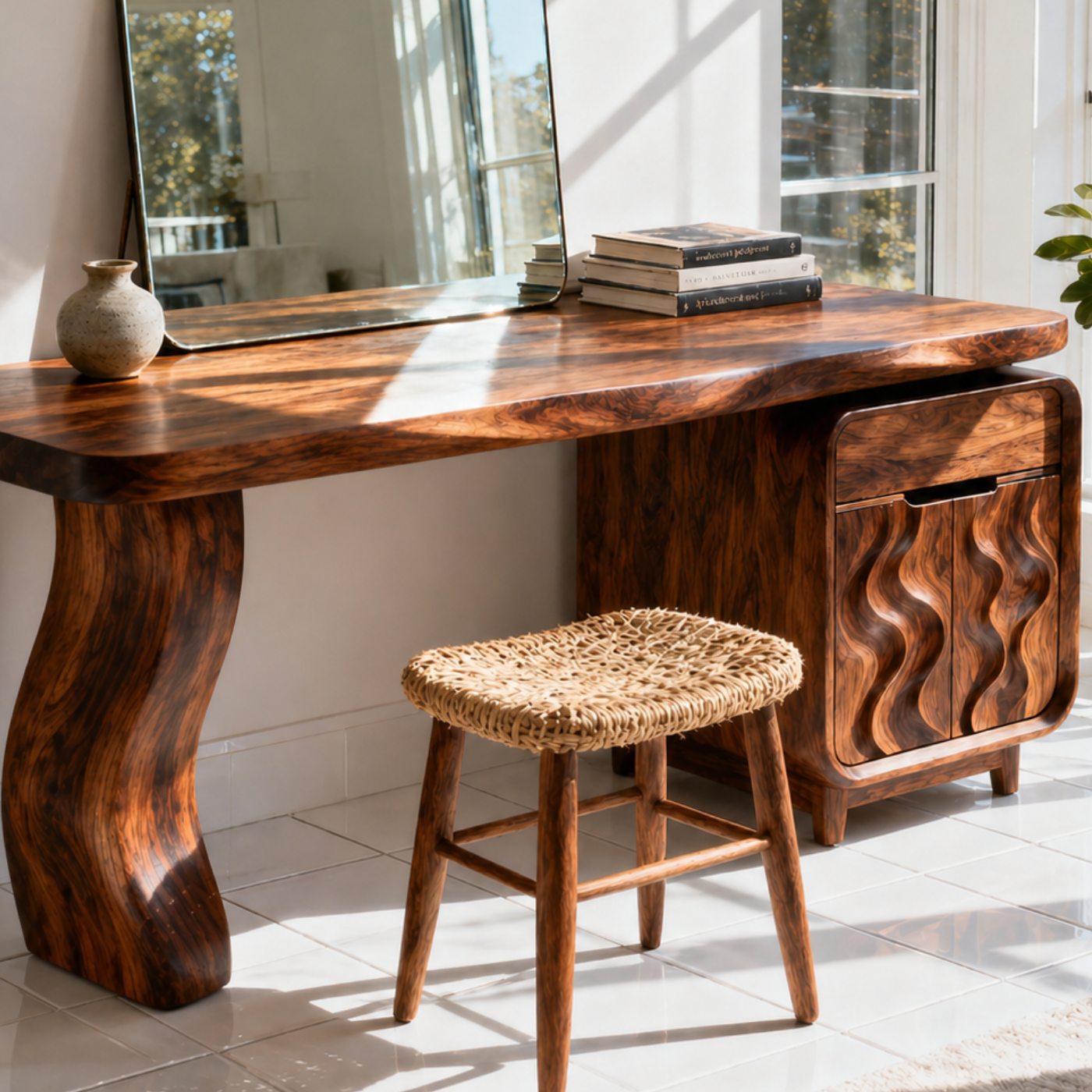 Solid Wood Makeup Vanity Desk with Sculptural Base and Wave Carved Cabinet