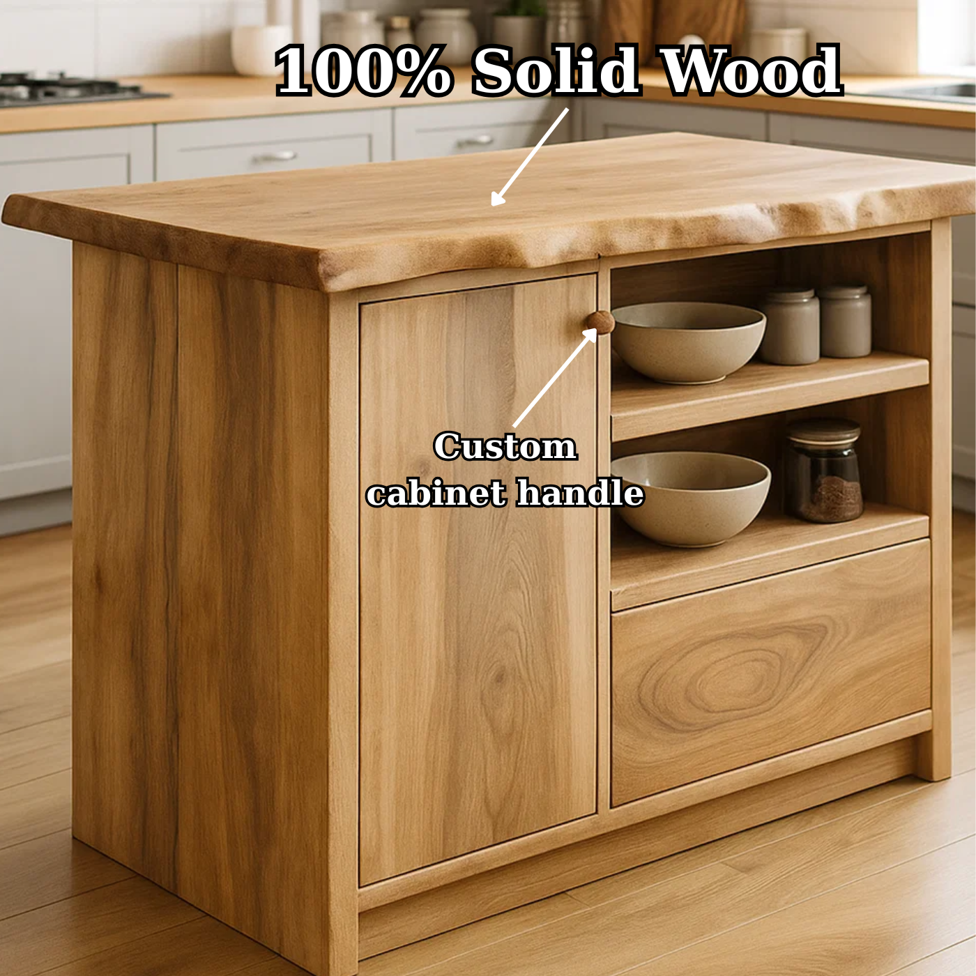 Handcrafted Solid Wood Kitchen Island with Live-Edge Top and Open Storage Shelves Kitchnce