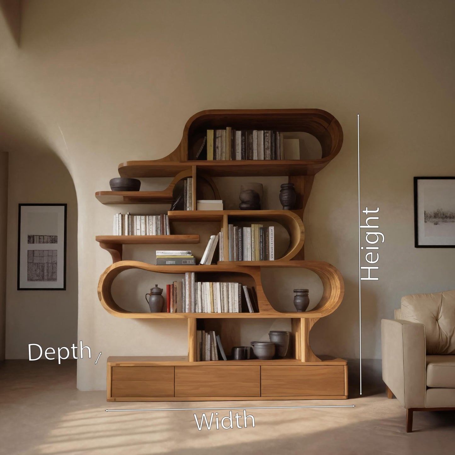 Modern Sculptural Bookshelf With Curved Design For Living Room Or Office Kitchnce