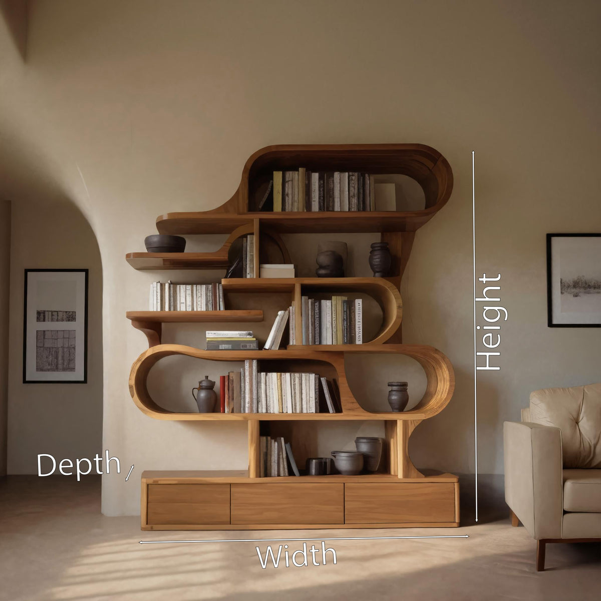 Modern Sculptural Bookshelf With Curved Design For Living Room Or Office Kitchnce