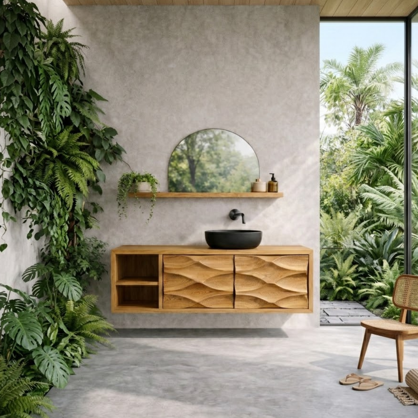 Floating Solid Wood Bathroom Vanity with Carved Double Doors and Open Shelf