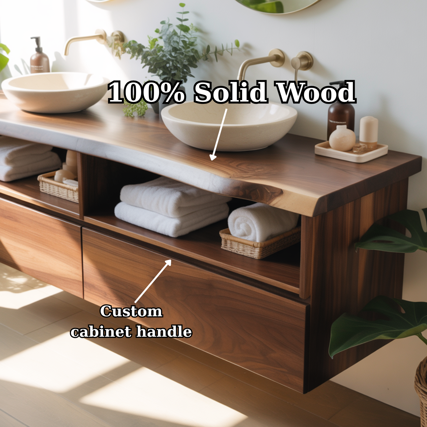 Handcrafted Solid Wood Floating Bathroom Vanity with Open Shelves & Soft-Close Drawers Kitchnce