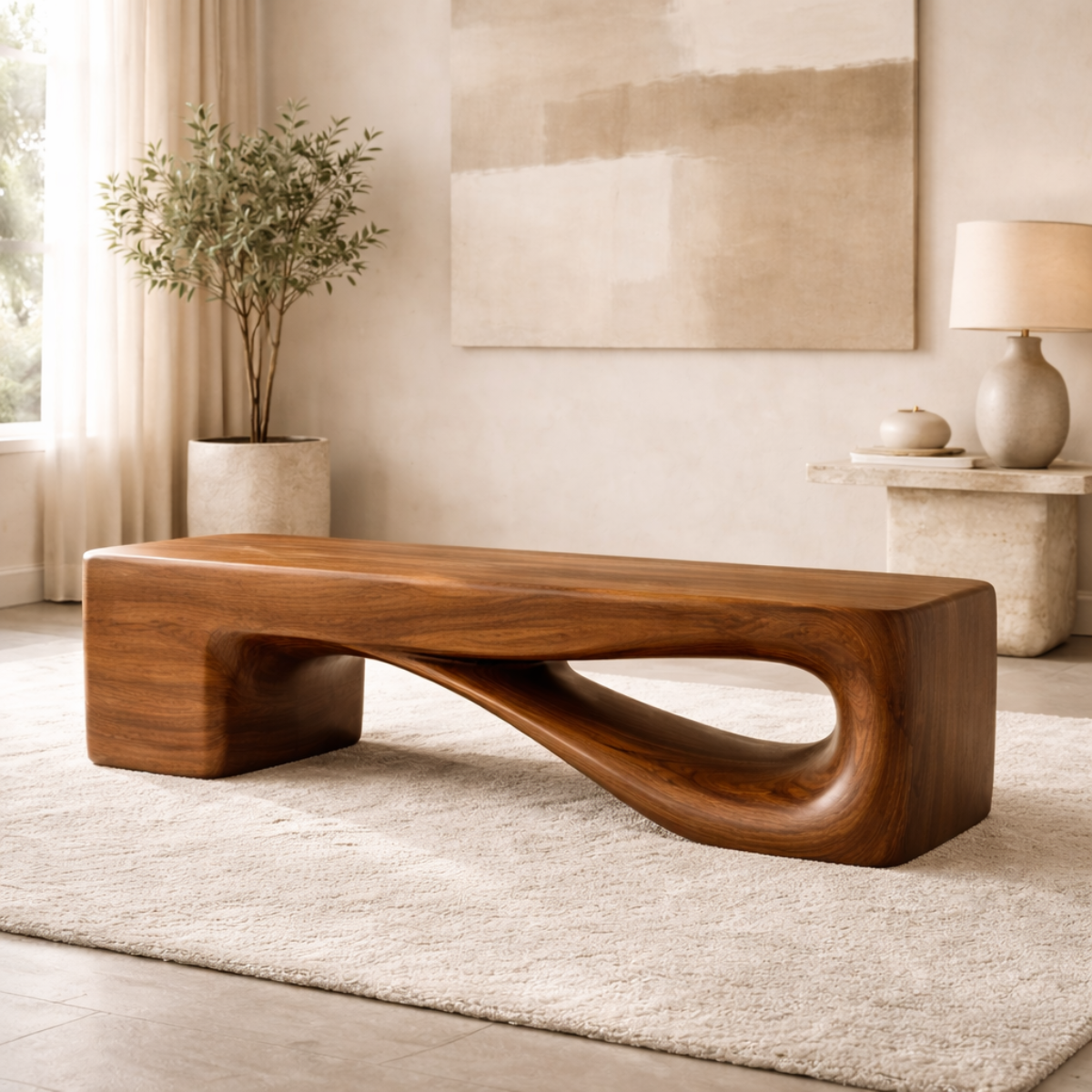 Modern Sculptural Wooden Entryway Bench, Curved Hallway Seating for Luxury Homes