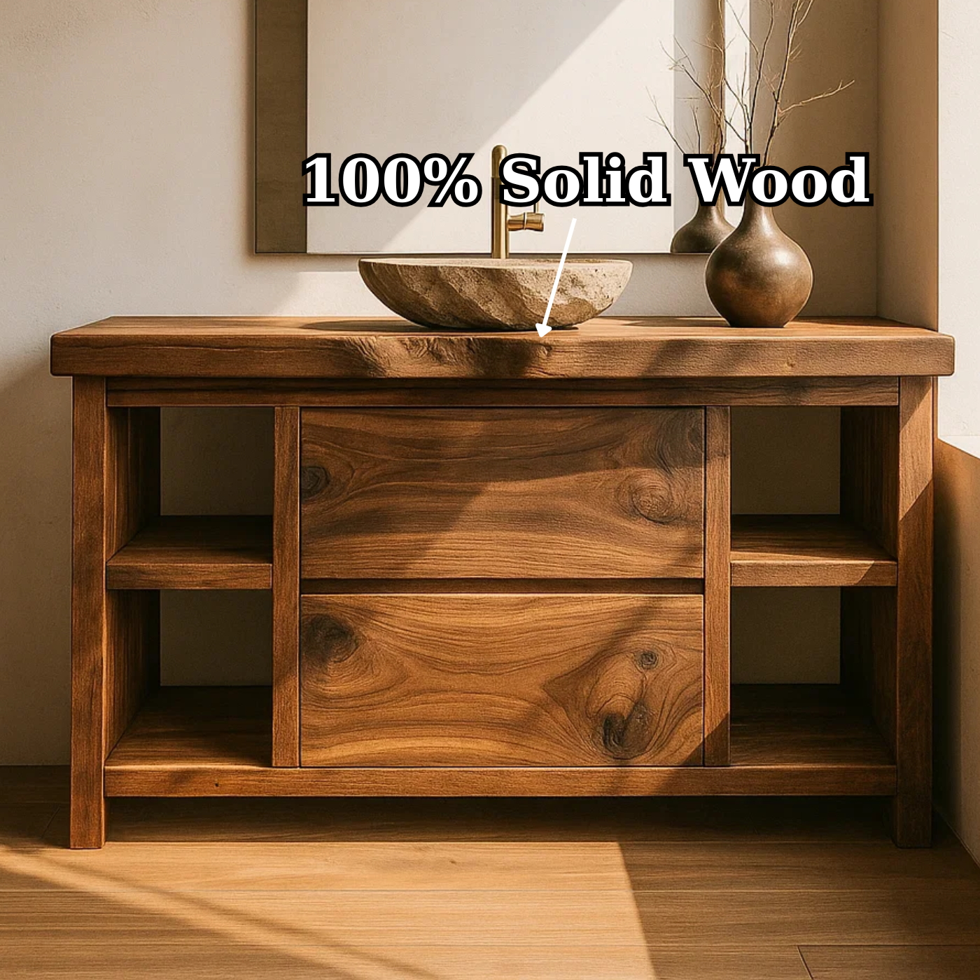 Handcrafted Solid Wood Bathroom Vanity with Live Edge Top and Curved Drawer Design Kitchnce