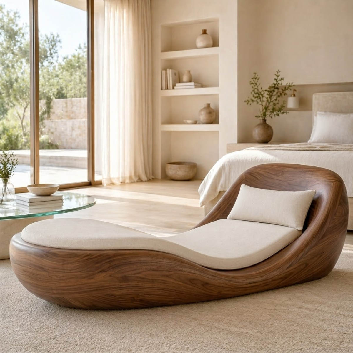 Modern Curved Chaise Lounge Sculptural Daybed with Cushion for Bedroom Decor