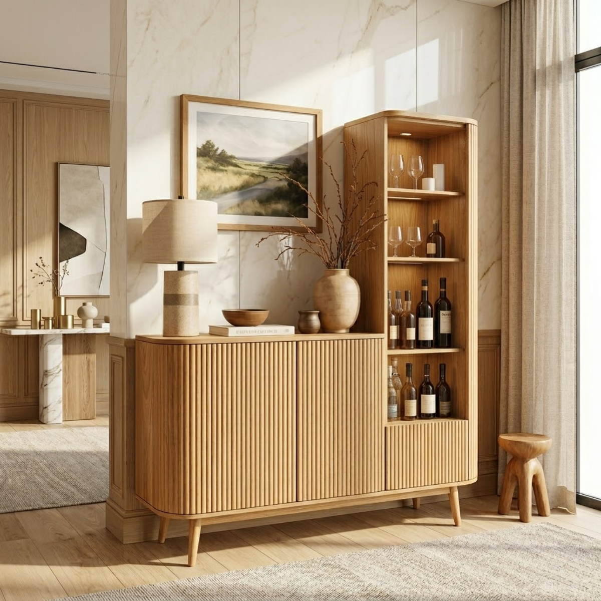 Contemporary Wooden Bar Cabinet, Fluted Sideboard with Tall Bottle Display Storage