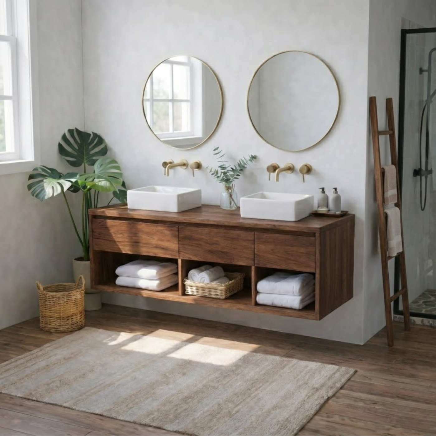 Floating Solid Wood Double Bathroom Vanity Cabinet with Open Cubby Shelves – Modern Organic Wall Mounted Design
