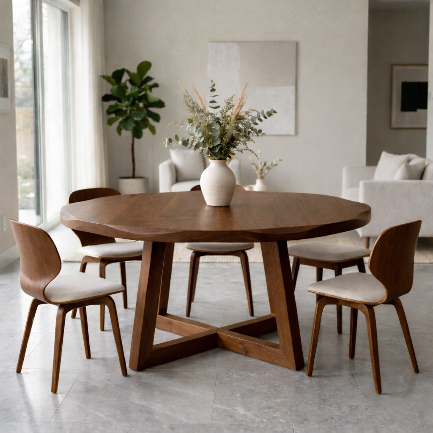 Round Solid Wood Dining Table for Dining Room with Sculptural Pedestal Base