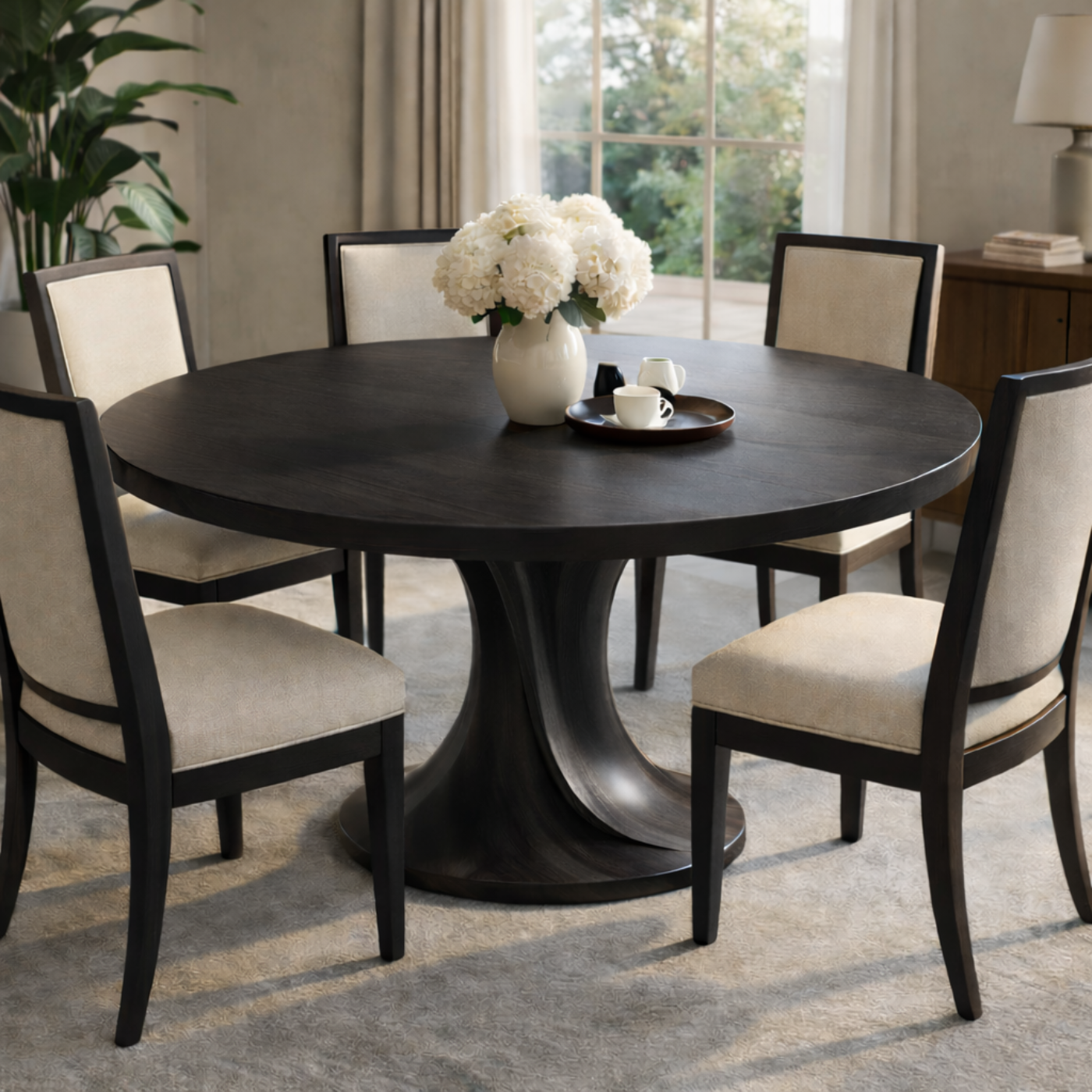 Round Solid Wood Dining Table for Modern Home with Pedestal Base