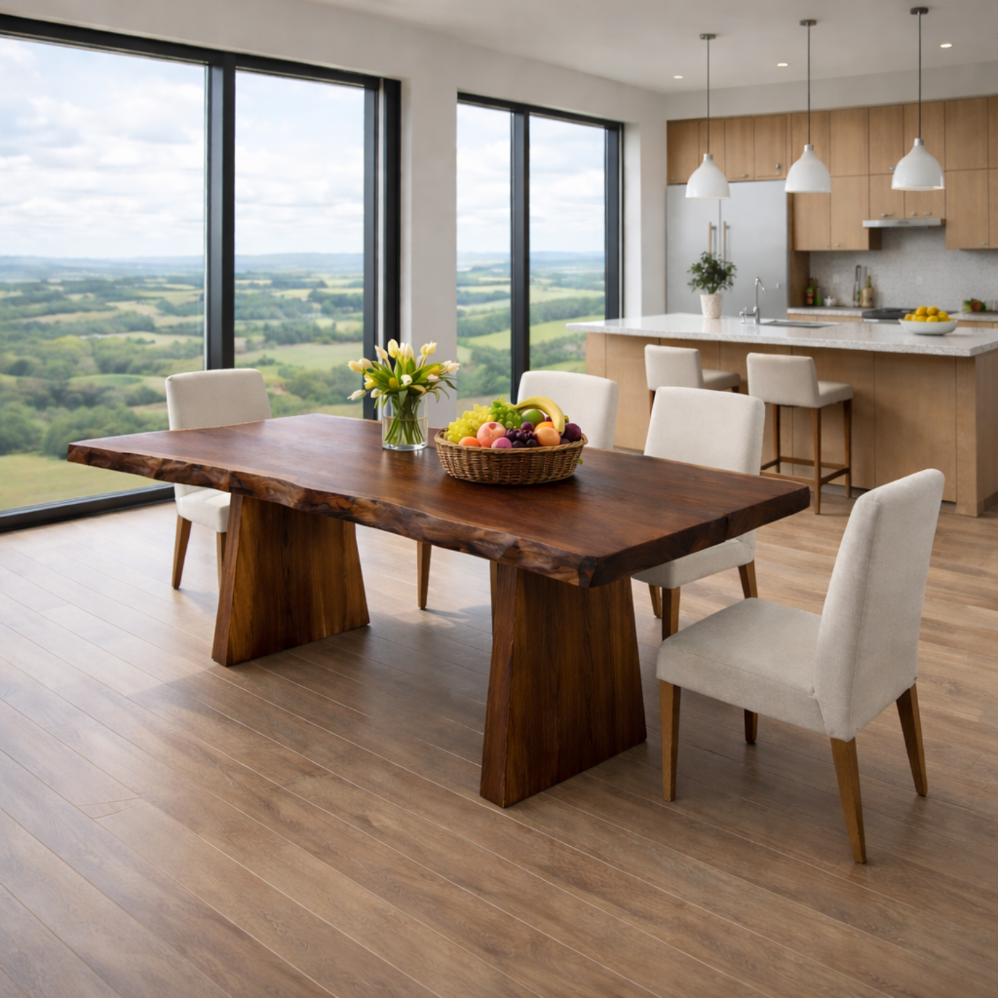 Contemporary Live Edge Solid Wood Dining Table with Architectural Base