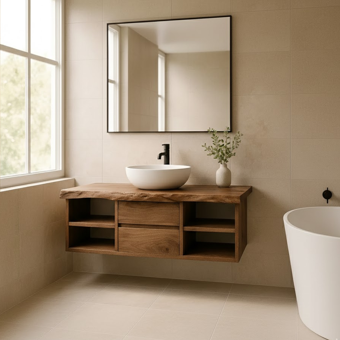 Minimalist Solid Wood Floating Bathroom Vanity with Live Edge Countertop and Dual Open Shelving