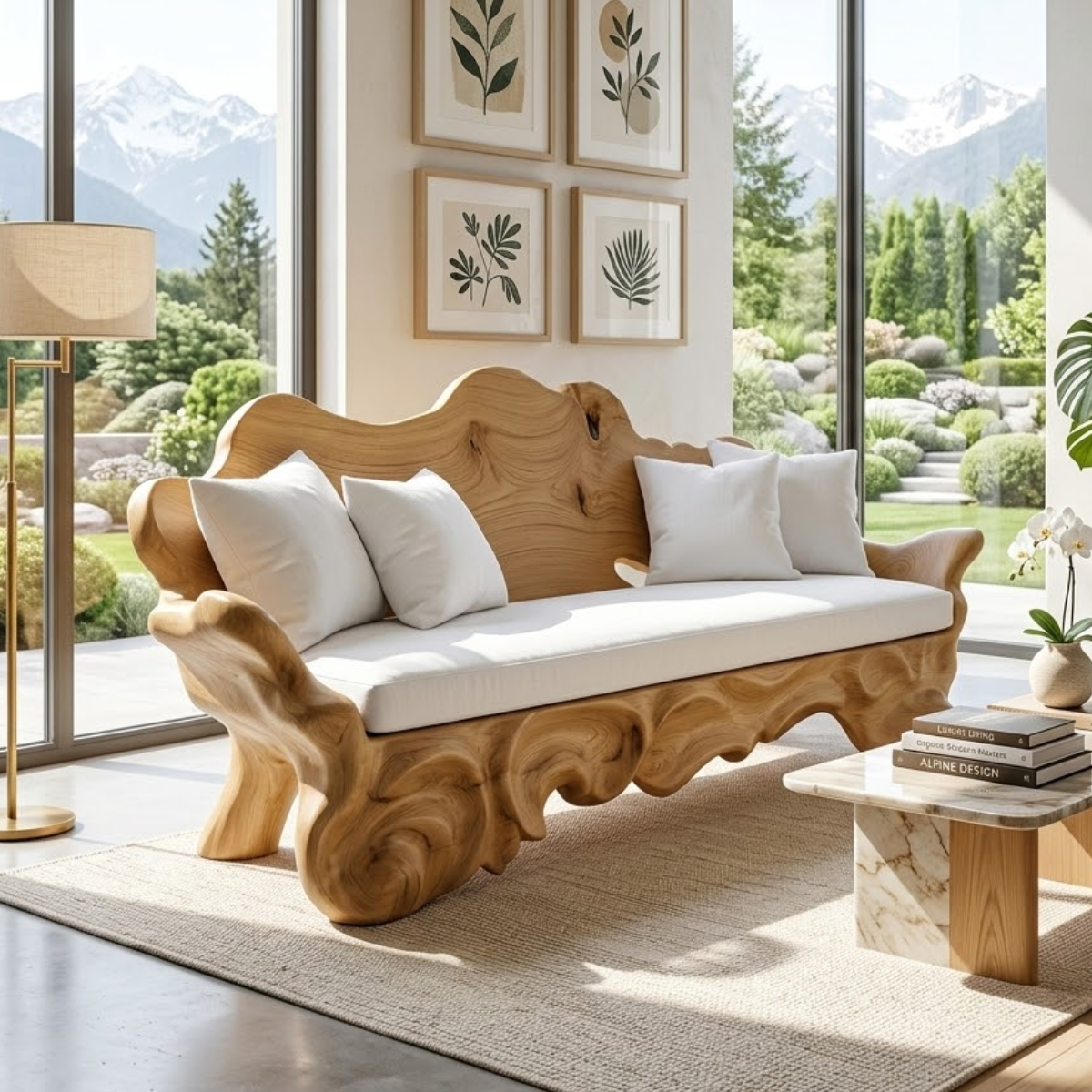 Organic Sculptural Wooden Sofa, Luxury Curved Statement Couch with White Cushions