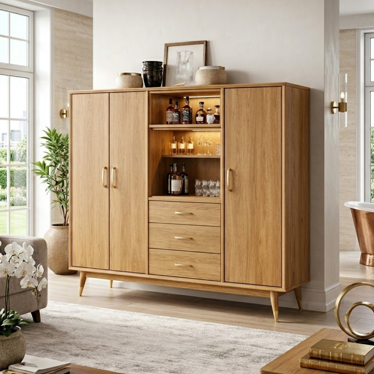 Contemporary Wooden Bar Cabinet, Entertaining Storage Sideboard with Glassware Display