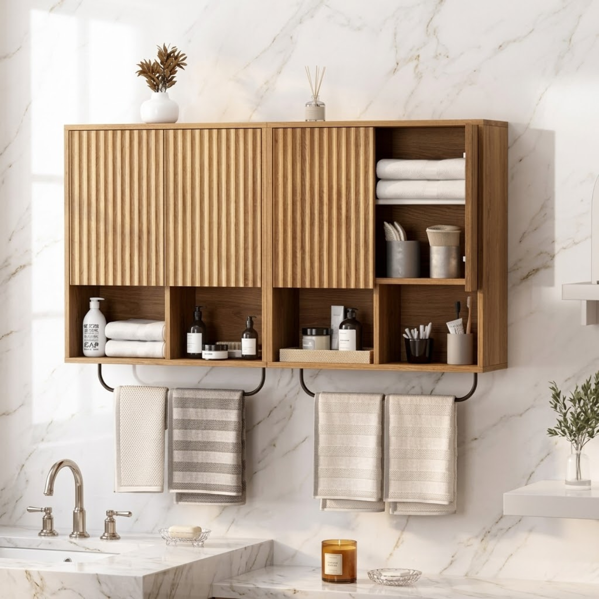Floating Bathroom Cabinet, Modern Slatted Wall Mounted Vanity Storage Towel Bars