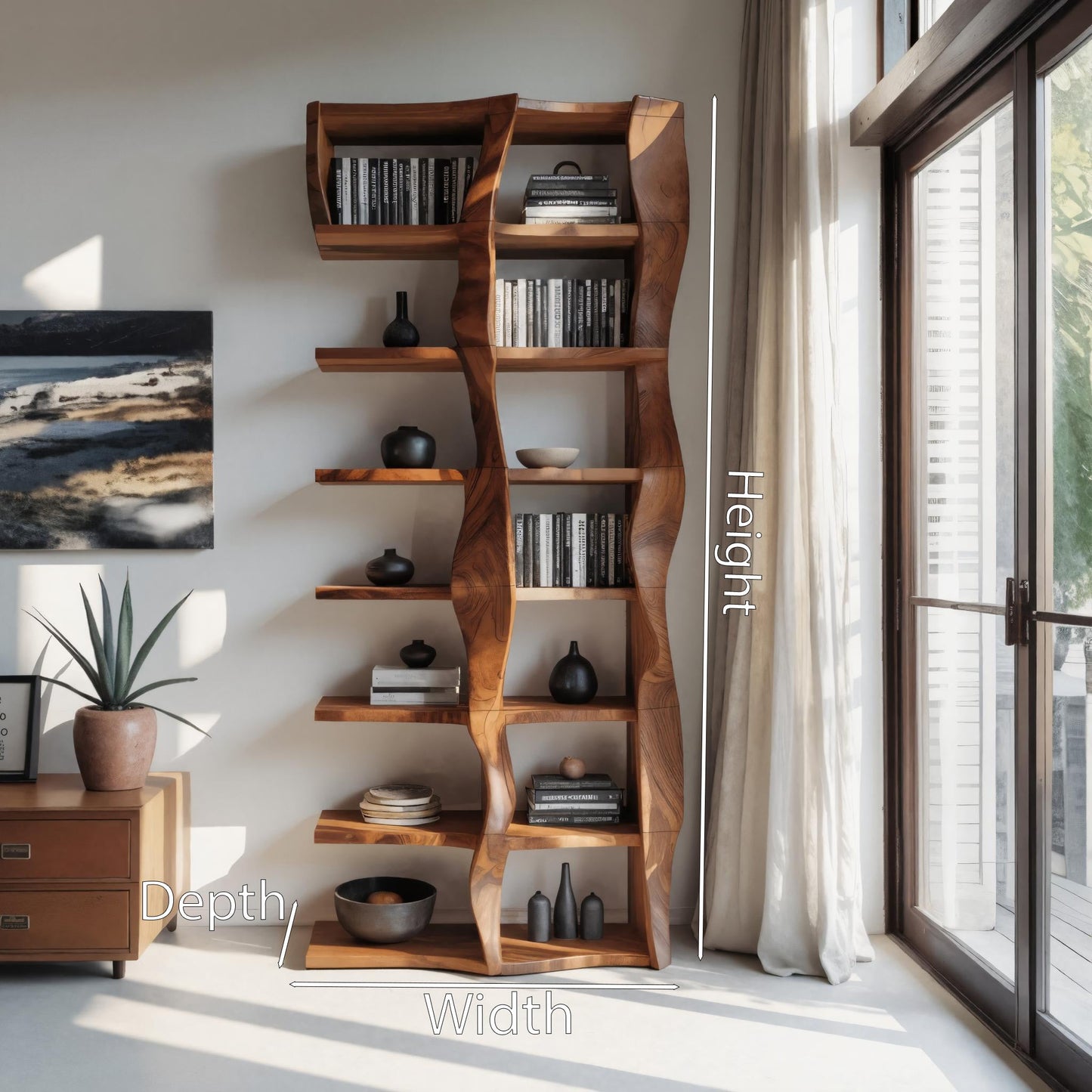 Sculptural Bookshelf With Flowing Wave Design For Living Room Kitchnce