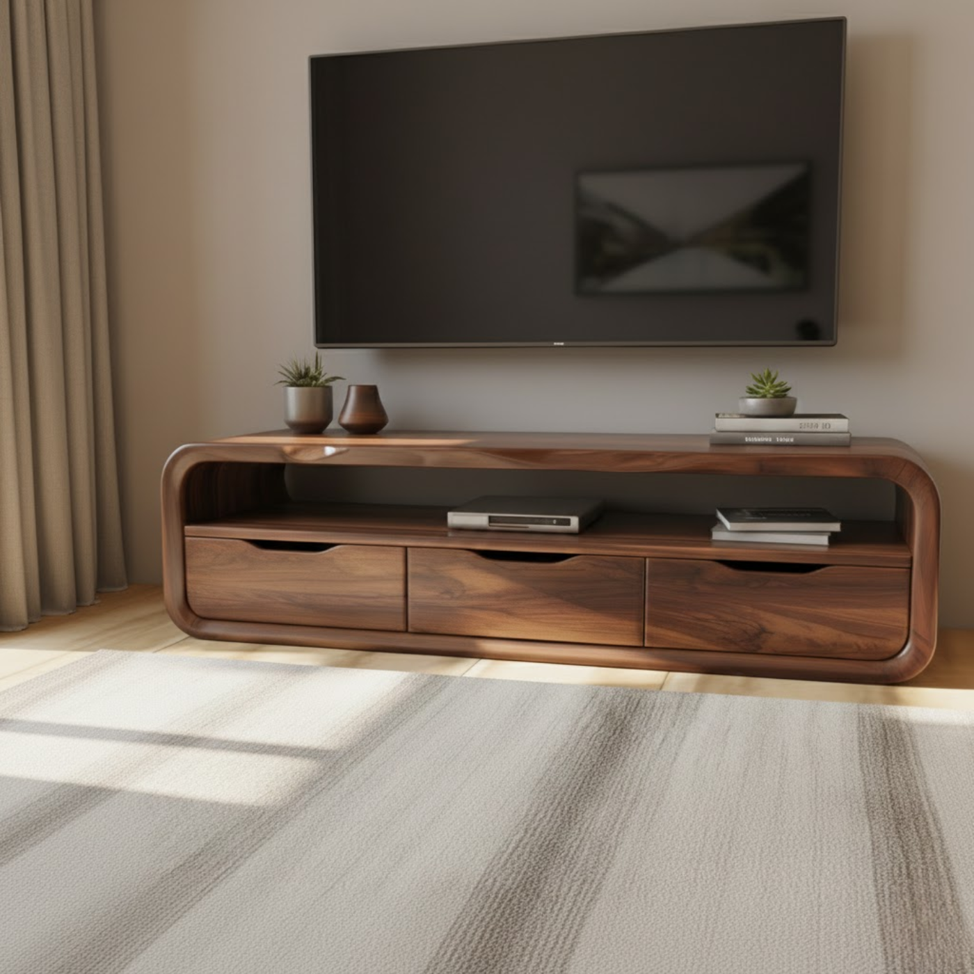 Luxury Curved Solid Wood TV Stand with Open Shelf and Drawer Storage