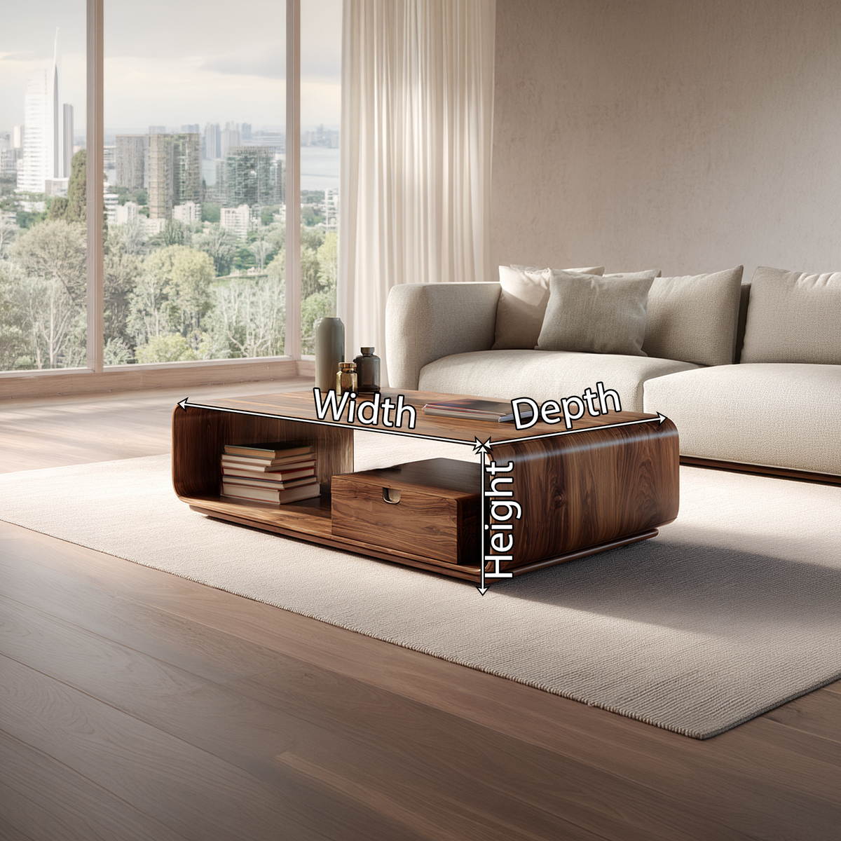 Modern Curved Coffee Table with Integrated Storage Design