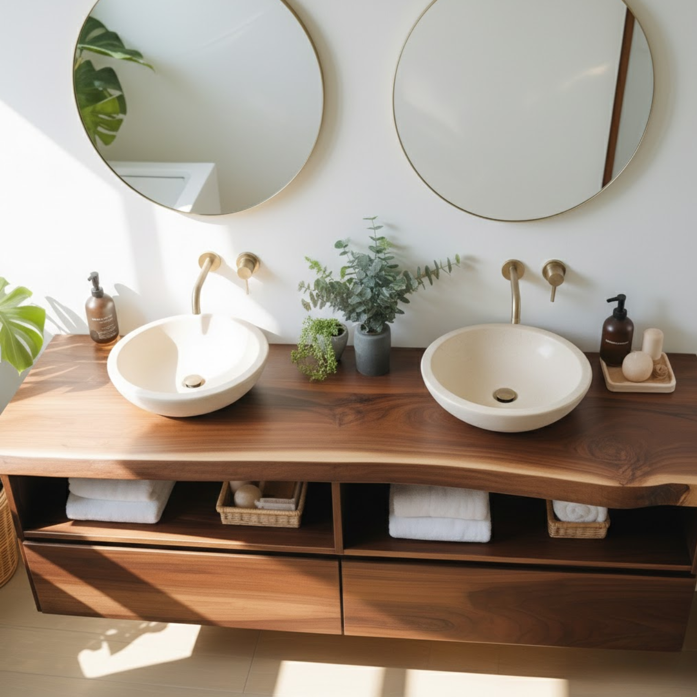 Modern Double Floating Solid Wood Bathroom Vanity Cabinet